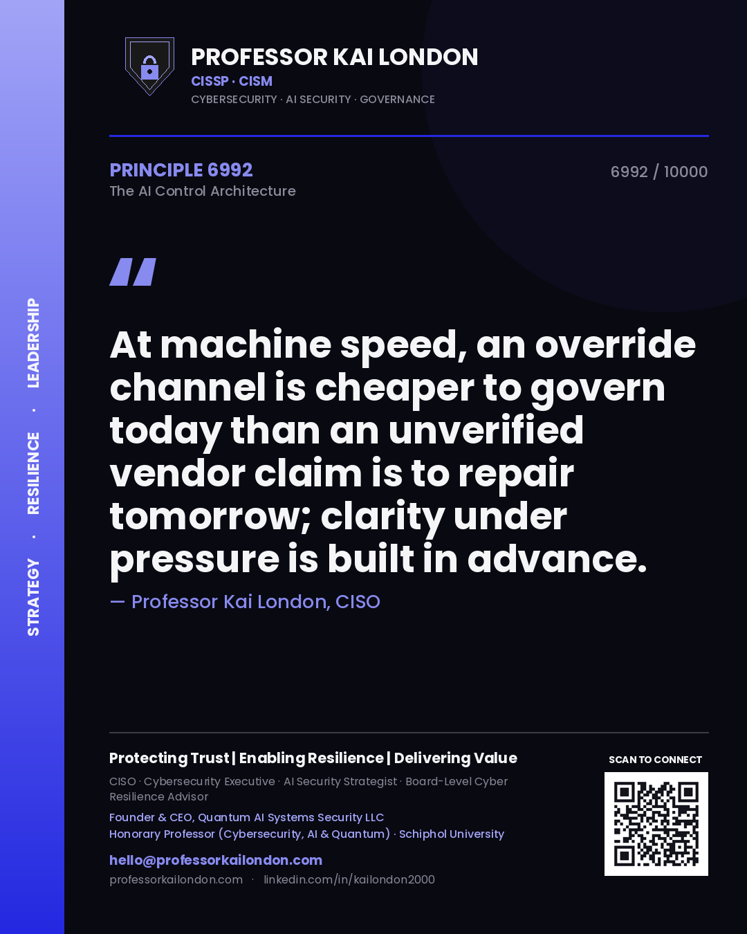 Professor Kai London principle 6992: At machine speed, an override channel is cheaper to govern today than an unverified vendor claim is to repair tomorrow; clarity under pressure is built in advance.
