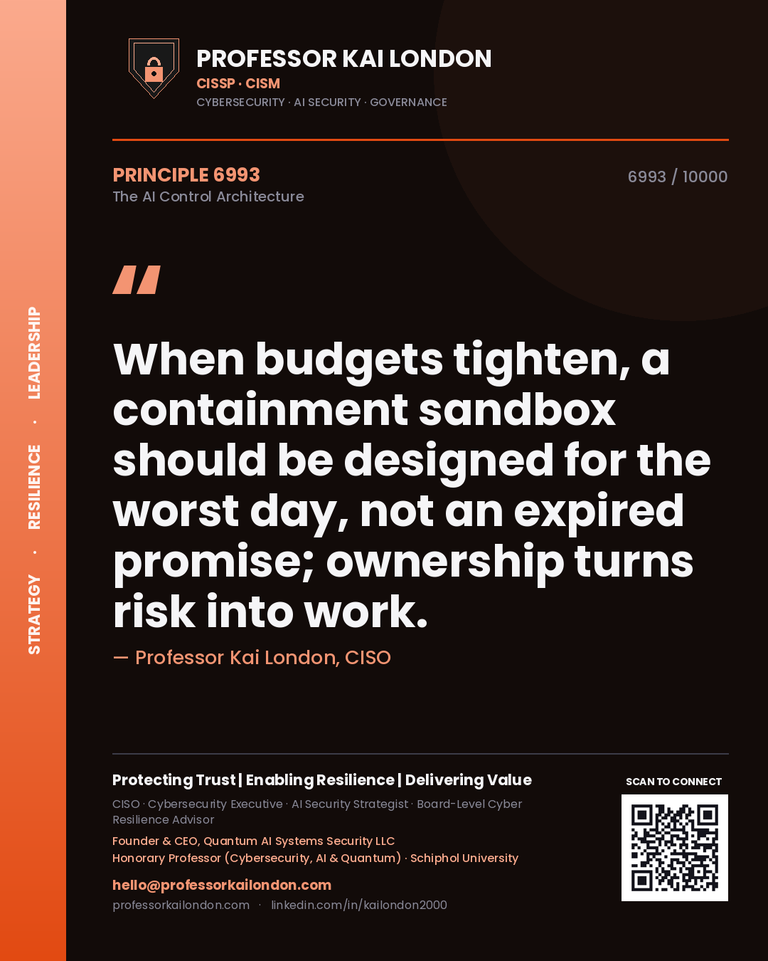 Professor Kai London principle 6993: When budgets tighten, a containment sandbox should be designed for the worst day, not an expired promise; ownership turns risk into work.