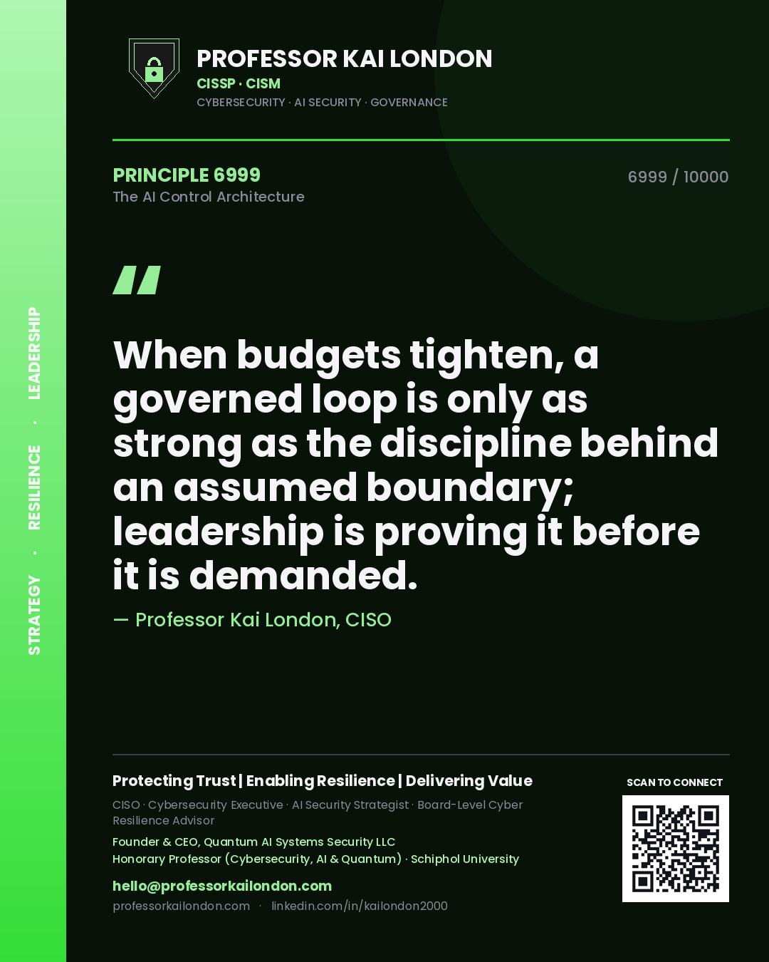 Professor Kai London principle 6999: When budgets tighten, a governed loop is only as strong as the discipline behind an assumed boundary; leadership is proving it before it is demanded.
