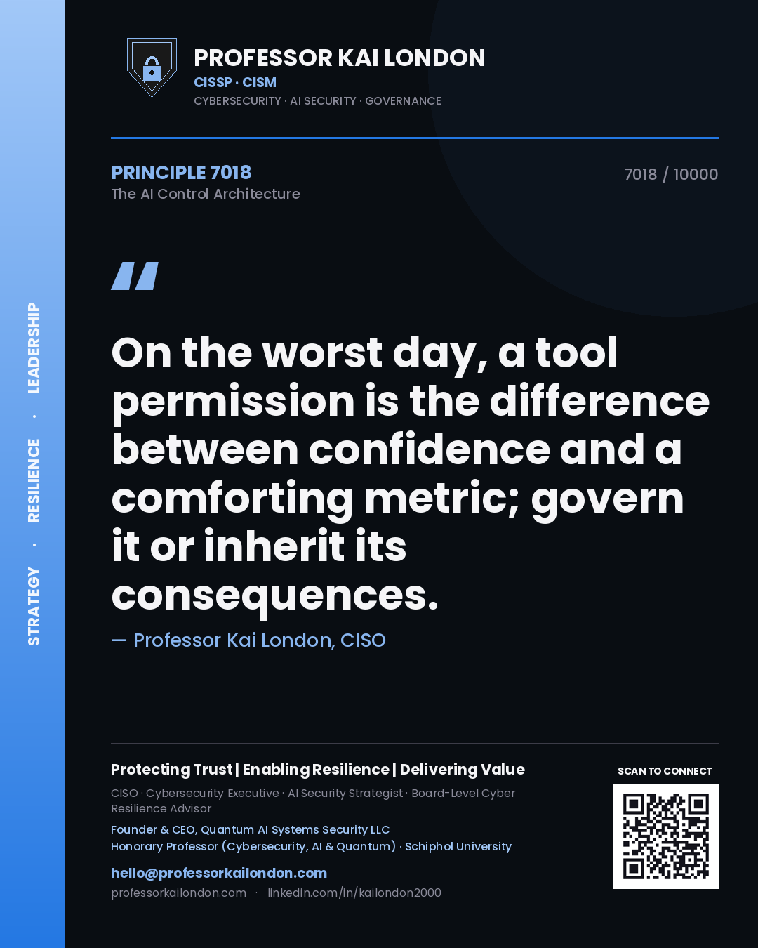 Professor Kai London principle 7018: On the worst day, a tool permission is the difference between confidence and a comforting metric; govern it or inherit its consequences.