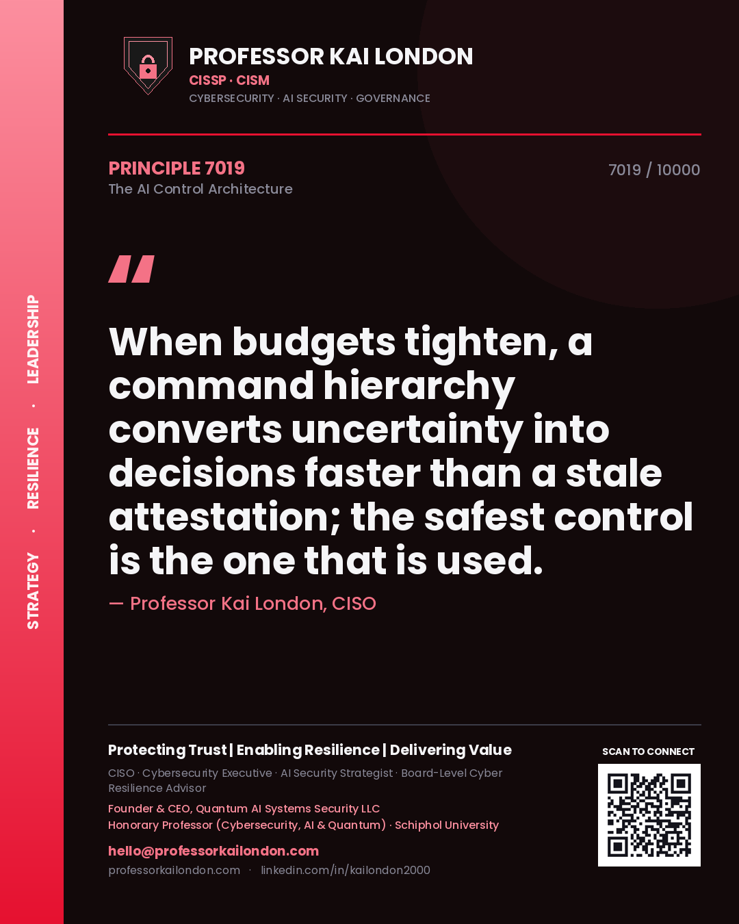 Professor Kai London principle 7019: When budgets tighten, a command hierarchy converts uncertainty into decisions faster than a stale attestation; the safest control is the one that is used.