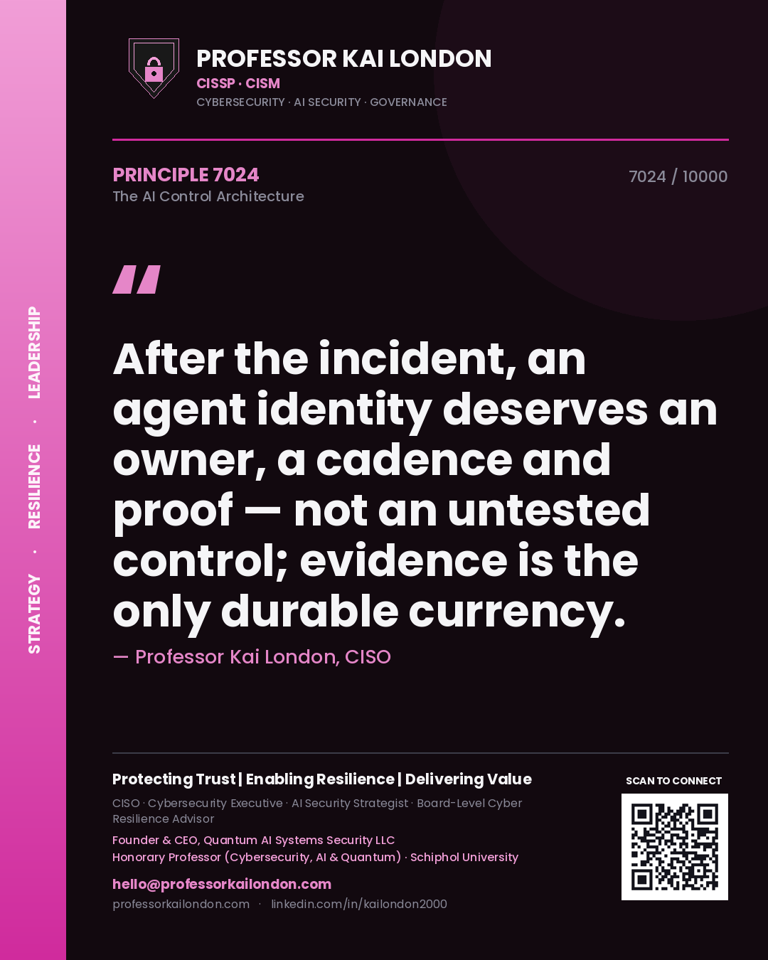 Professor Kai London principle 7024: After the incident, an agent identity deserves an owner, a cadence and proof — not an untested control; evidence is the only durable currency.