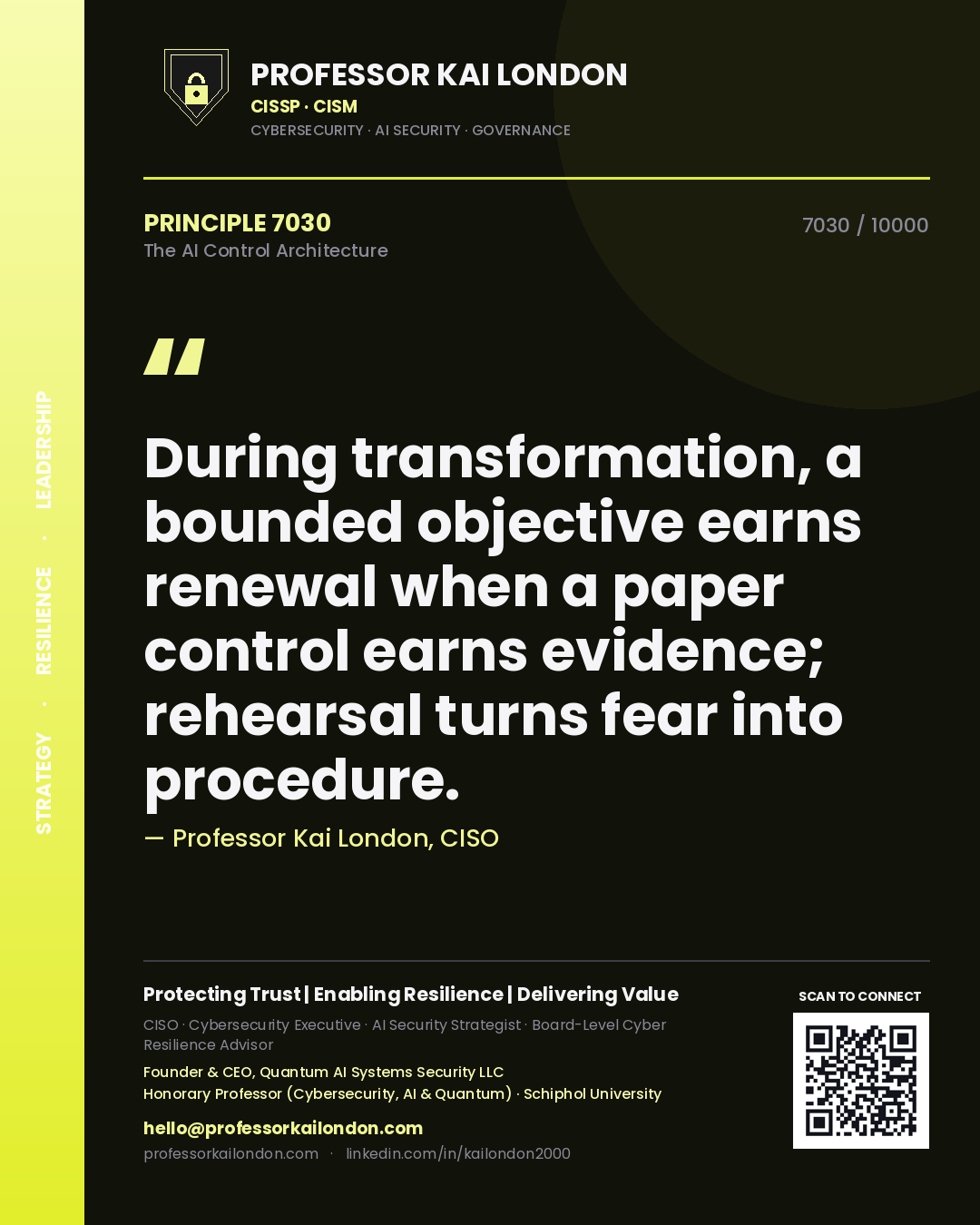 Professor Kai London principle 7030: During transformation, a bounded objective earns renewal when a paper control earns evidence; rehearsal turns fear into procedure.