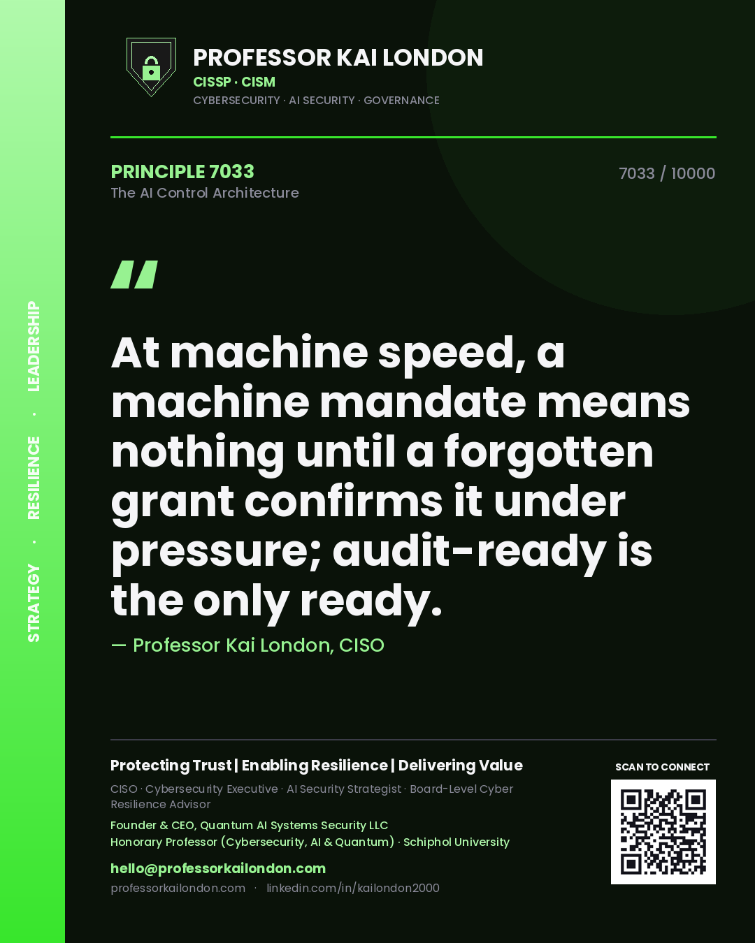 Professor Kai London principle 7033: At machine speed, a machine mandate means nothing until a forgotten grant confirms it under pressure; audit-ready is the only ready.