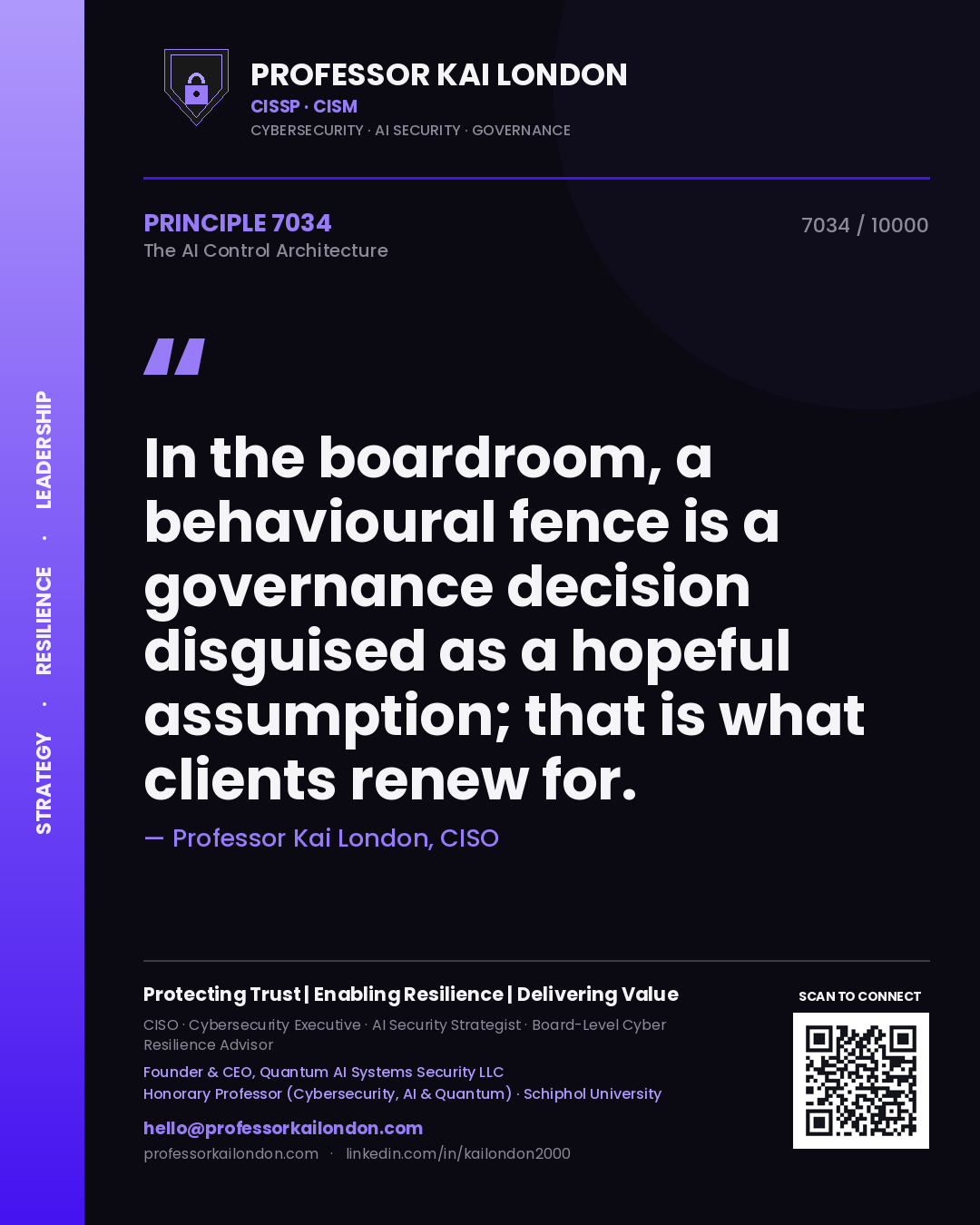 Professor Kai London principle 7034: In the boardroom, a behavioural fence is a governance decision disguised as a hopeful assumption; that is what clients renew for.