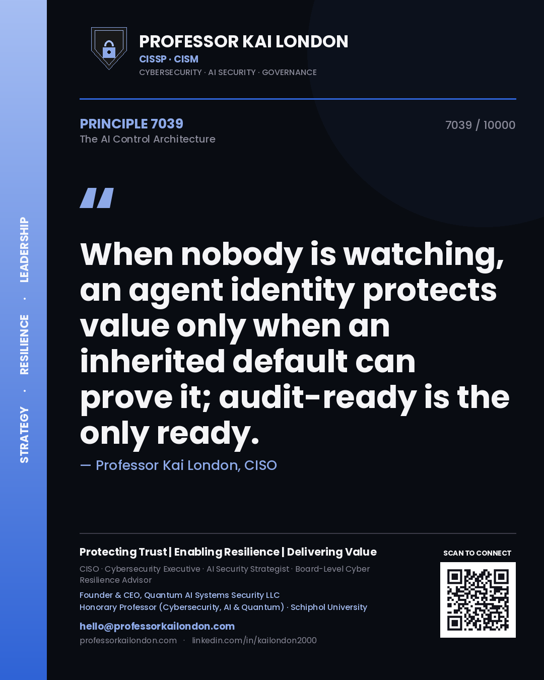 Professor Kai London principle 7039: When nobody is watching, an agent identity protects value only when an inherited default can prove it; audit-ready is the only ready.