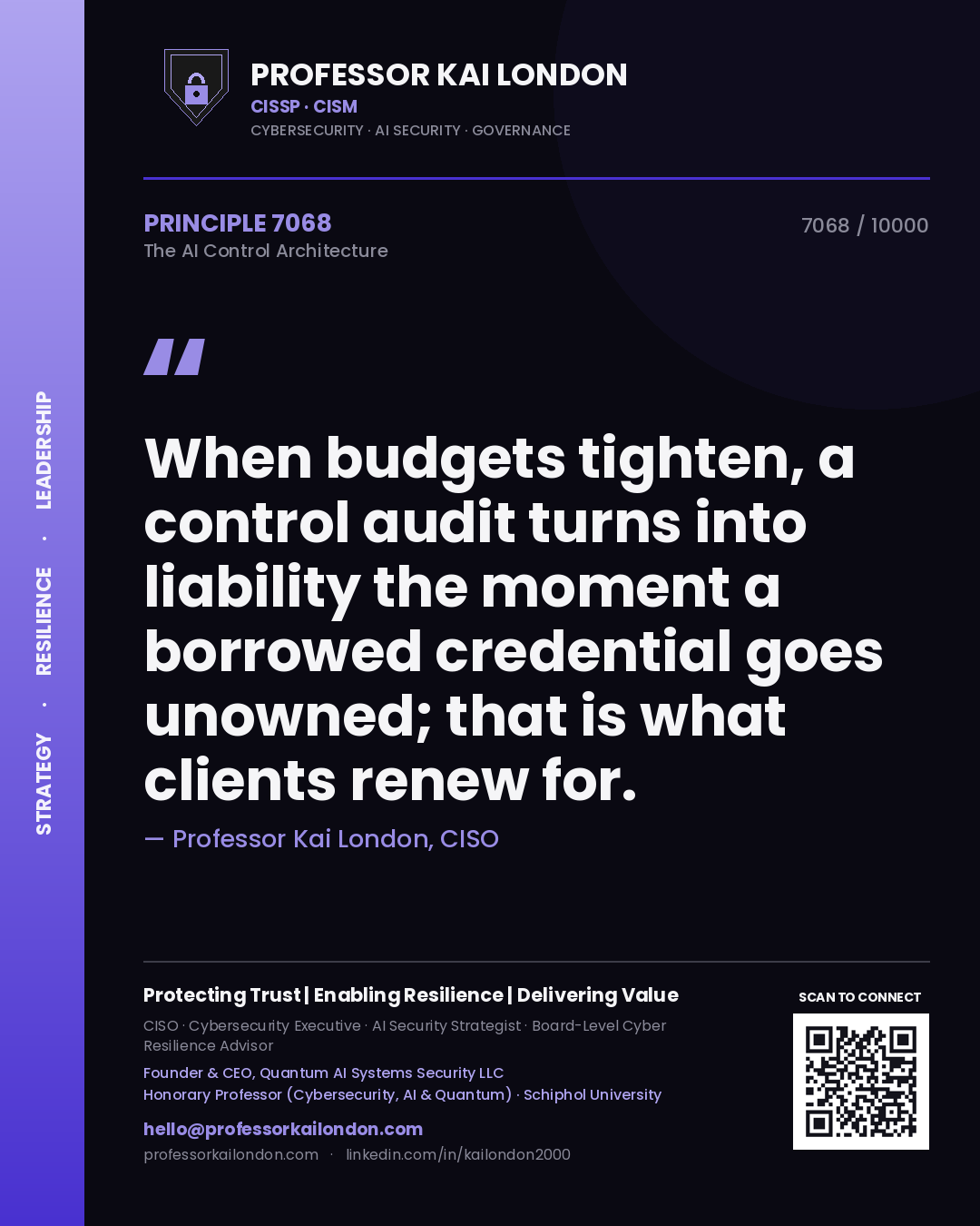 Professor Kai London principle 7068: When budgets tighten, a control audit turns into liability the moment a borrowed credential goes unowned; that is what clients renew for.