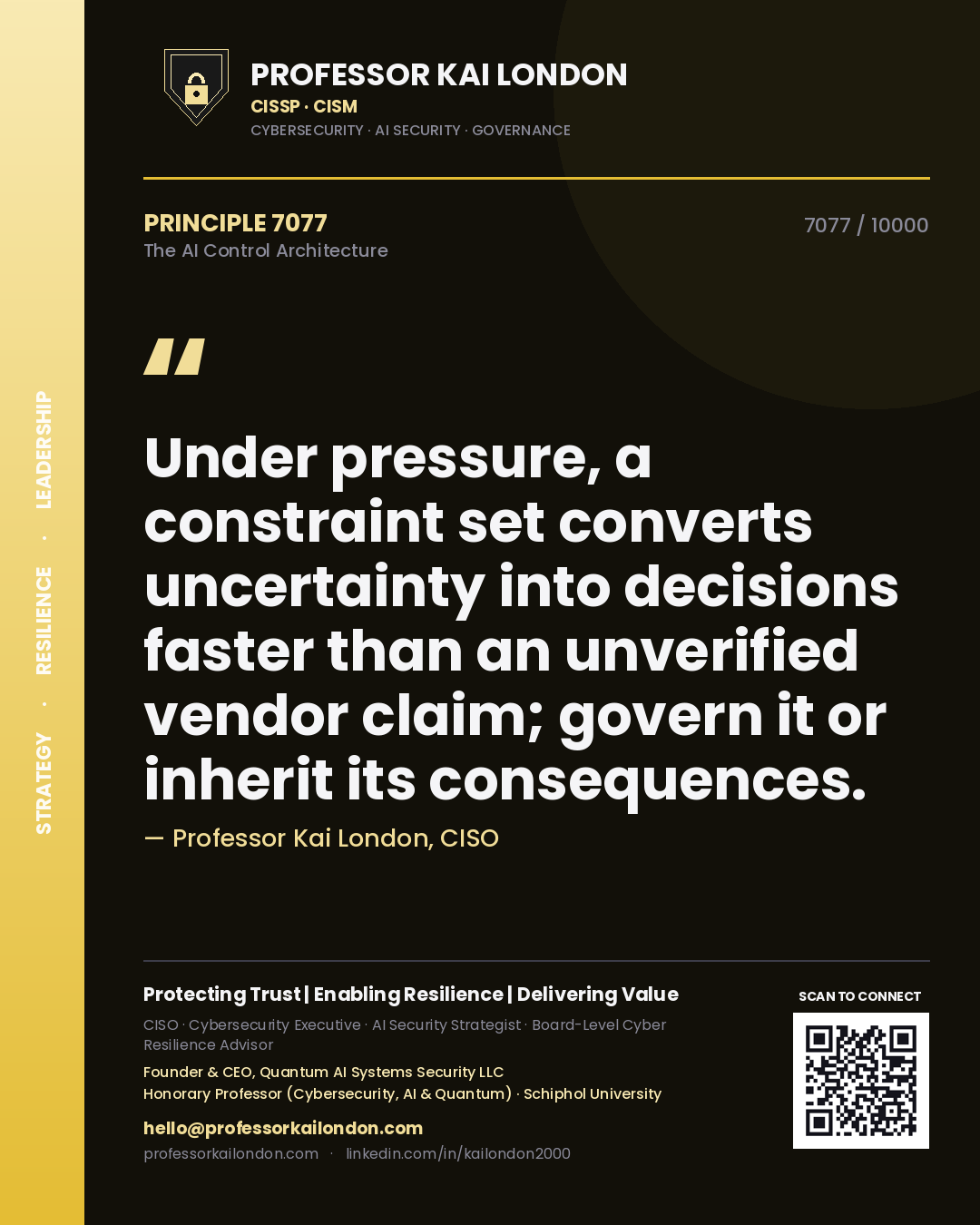 Professor Kai London principle 7077: Under pressure, a constraint set converts uncertainty into decisions faster than an unverified vendor claim; govern it or inherit its consequences.