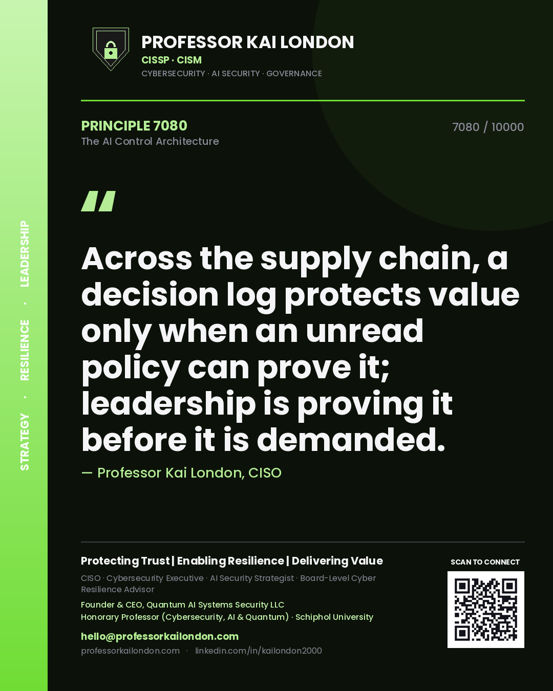 Professor Kai London principle 7080: Across the supply chain, a decision log protects value only when an unread policy can prove it; leadership is proving it before it is demanded.