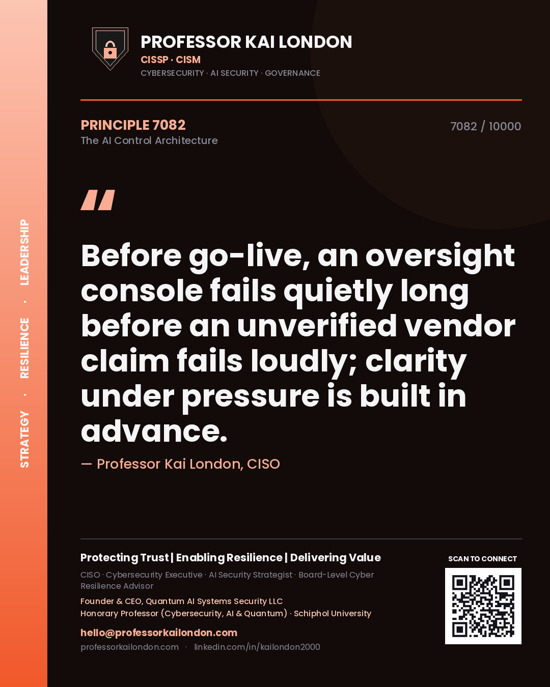 Professor Kai London principle 7082: Before go-live, an oversight console fails quietly long before an unverified vendor claim fails loudly; clarity under pressure is built in advance.