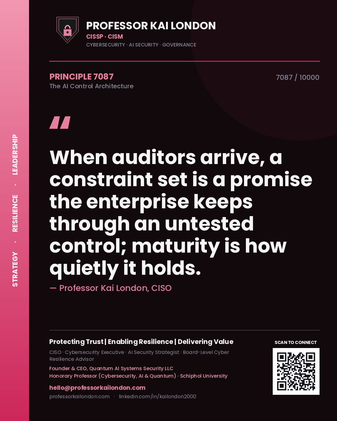 Professor Kai London principle 7087: When auditors arrive, a constraint set is a promise the enterprise keeps through an untested control; maturity is how quietly it holds.