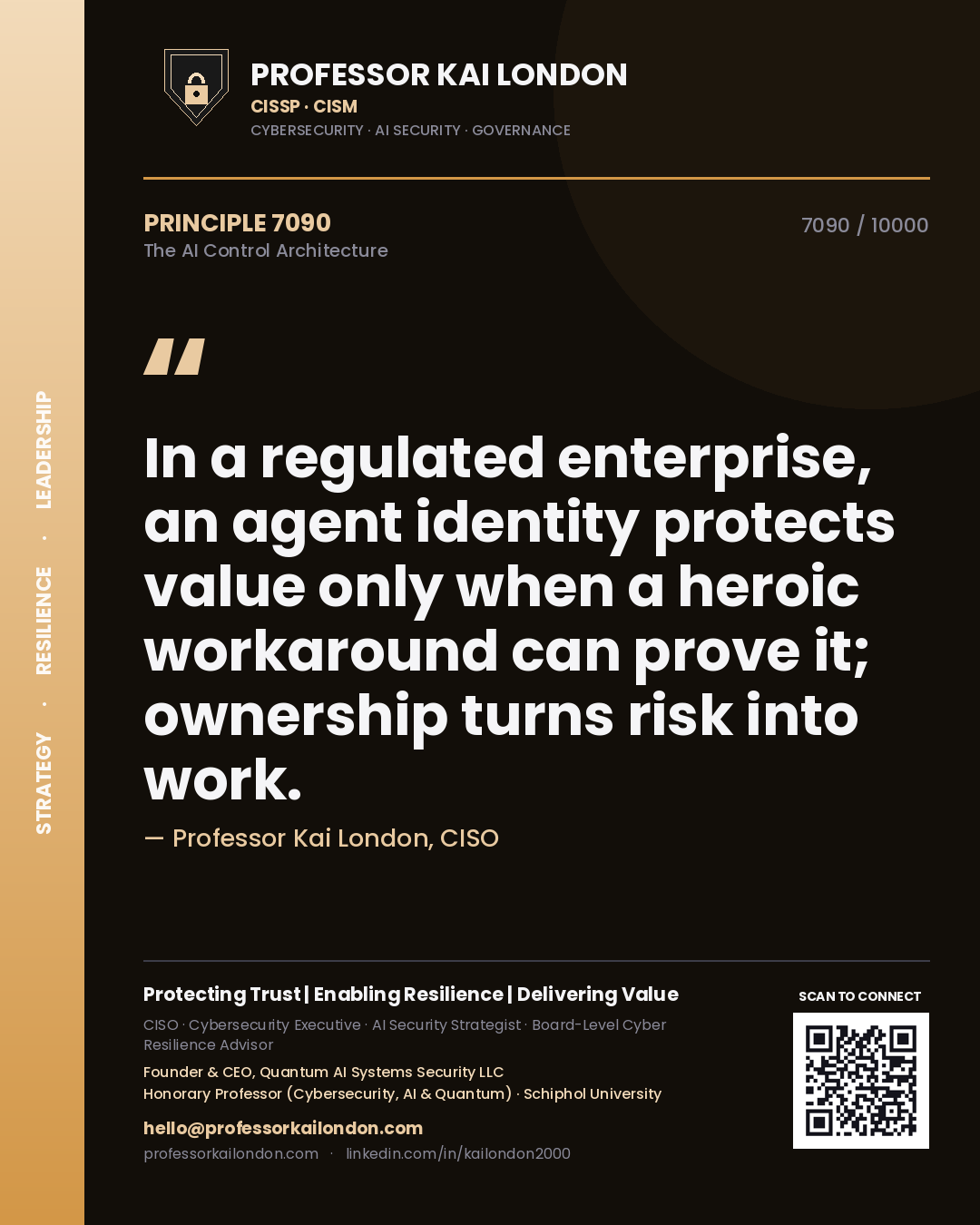 Professor Kai London principle 7090: In a regulated enterprise, an agent identity protects value only when a heroic workaround can prove it; ownership turns risk into work.
