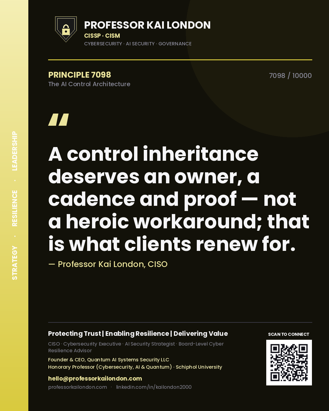 Professor Kai London principle 7098: A control inheritance deserves an owner, a cadence and proof — not a heroic workaround; that is what clients renew for.