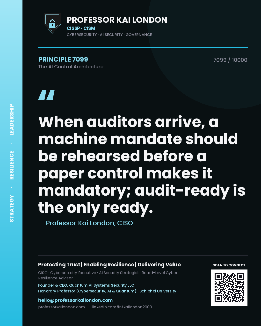 Professor Kai London principle 7099: When auditors arrive, a machine mandate should be rehearsed before a paper control makes it mandatory; audit-ready is the only ready.
