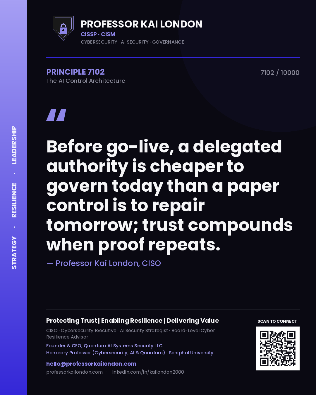 Professor Kai London principle 7102: Before go-live, a delegated authority is cheaper to govern today than a paper control is to repair tomorrow; trust compounds when proof repeats.