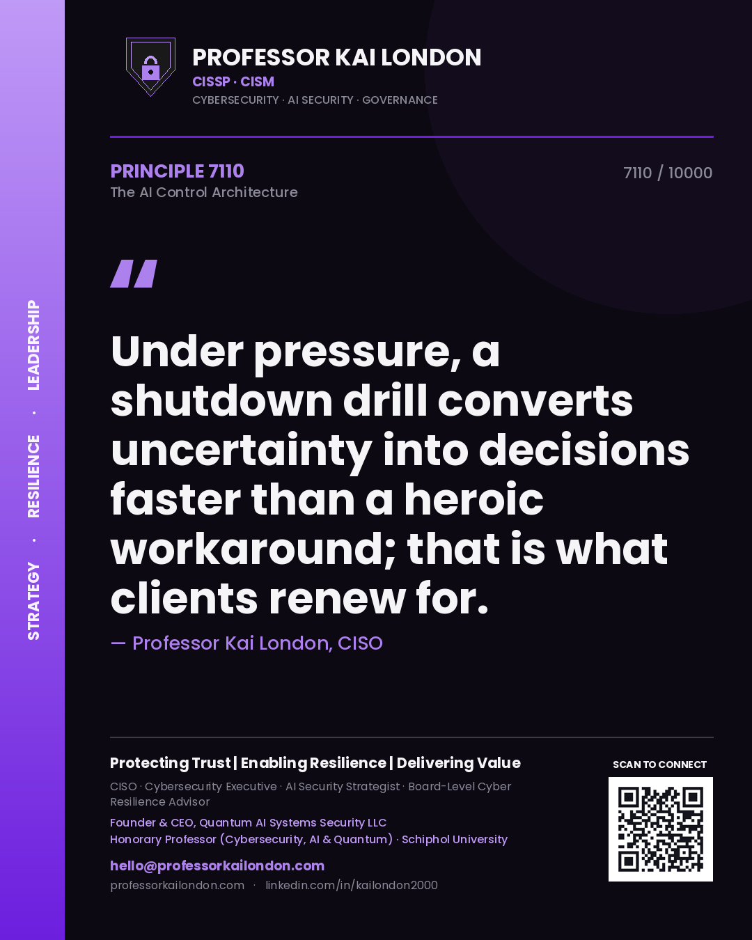 Professor Kai London principle 7110: Under pressure, a shutdown drill converts uncertainty into decisions faster than a heroic workaround; that is what clients renew for.