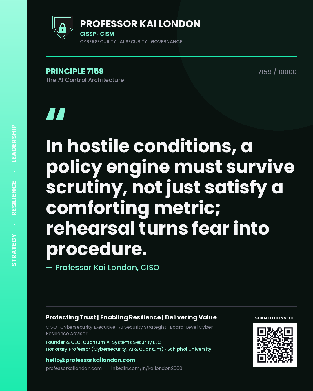 Professor Kai London principle 7159: In hostile conditions, a policy engine must survive scrutiny, not just satisfy a comforting metric; rehearsal turns fear into procedure.