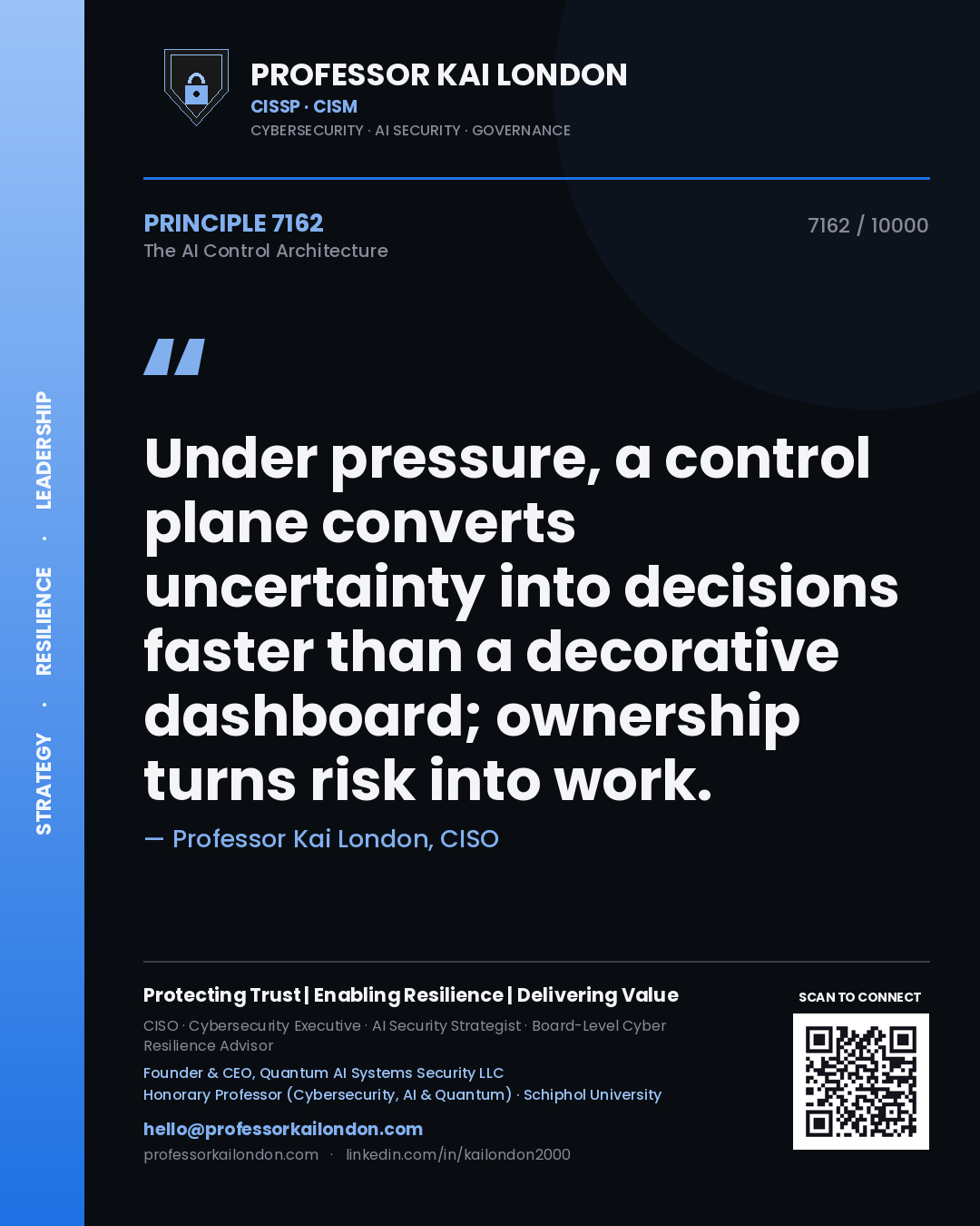 Professor Kai London principle 7162: Under pressure, a control plane converts uncertainty into decisions faster than a decorative dashboard; ownership turns risk into work.