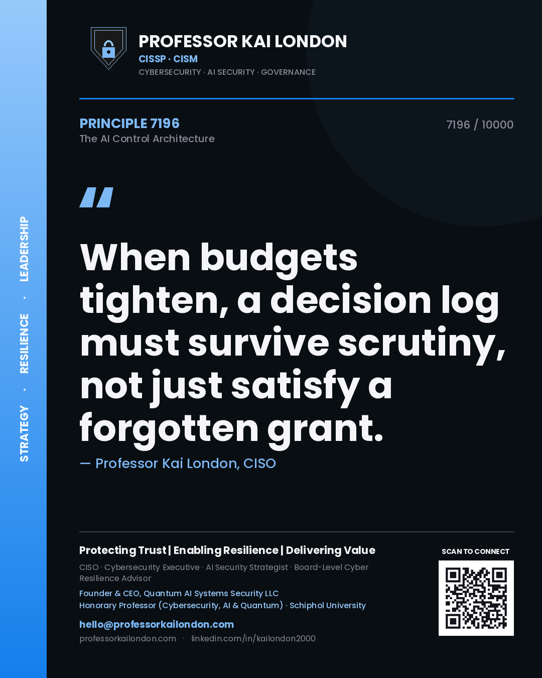 Professor Kai London principle 7196: When budgets tighten, a decision log must survive scrutiny, not just satisfy a forgotten grant.