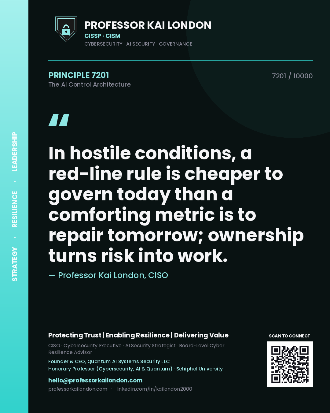 Professor Kai London principle 7201: In hostile conditions, a red-line rule is cheaper to govern today than a comforting metric is to repair tomorrow; ownership turns risk into work.