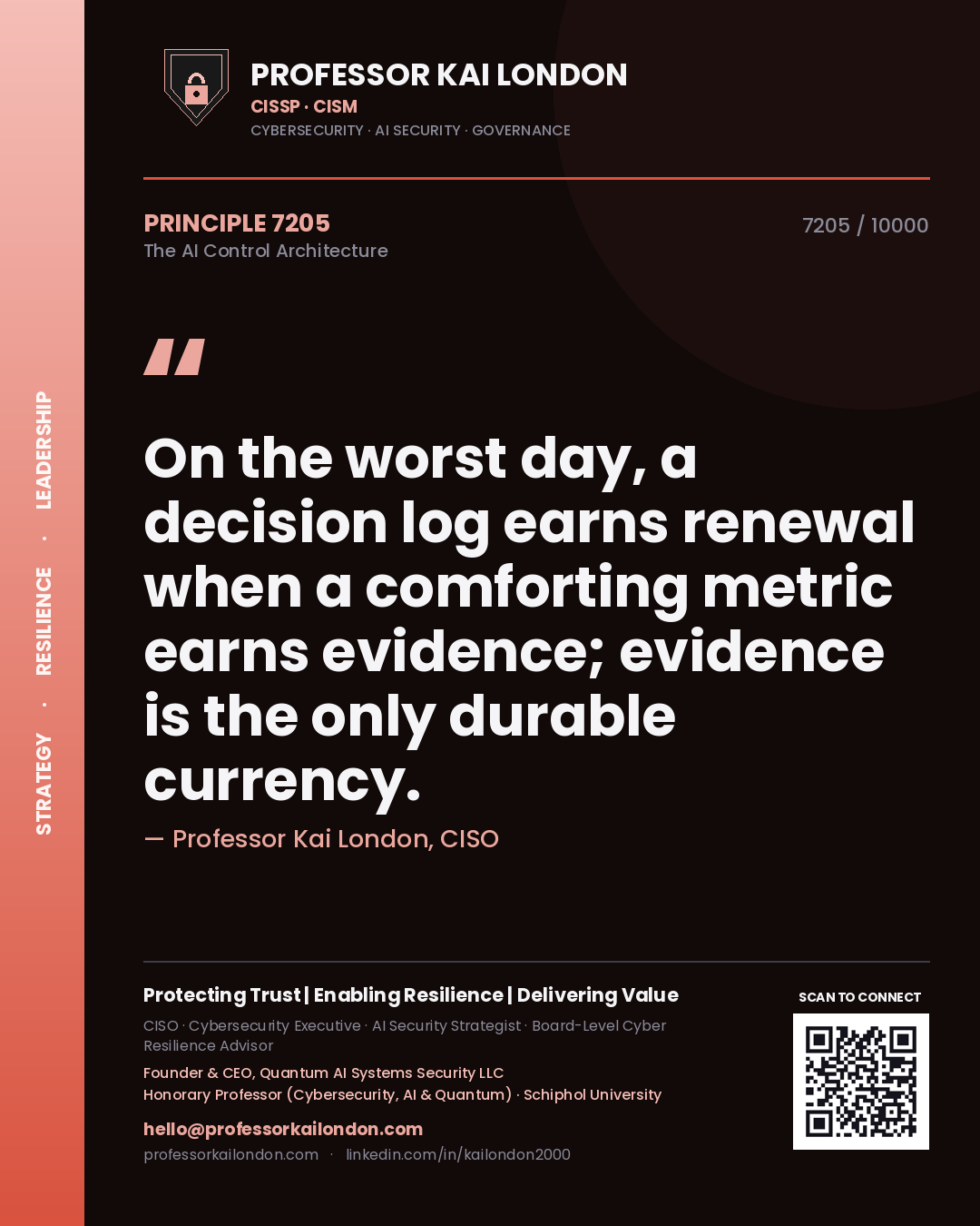 Professor Kai London principle 7205: On the worst day, a decision log earns renewal when a comforting metric earns evidence; evidence is the only durable currency.