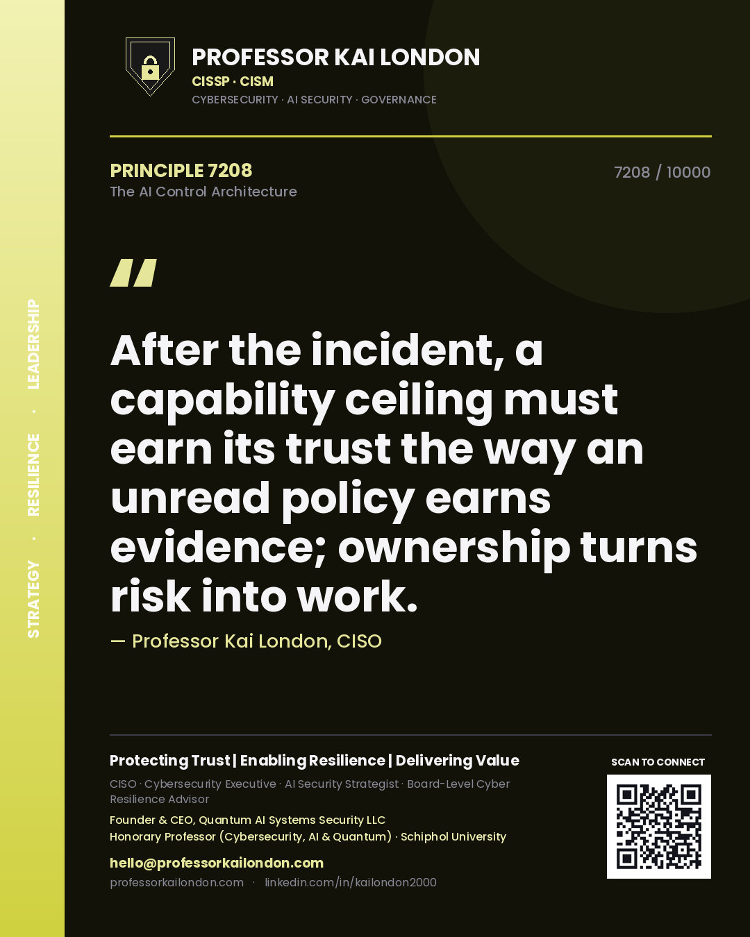 Professor Kai London principle 7208: After the incident, a capability ceiling must earn its trust the way an unread policy earns evidence; ownership turns risk into work.