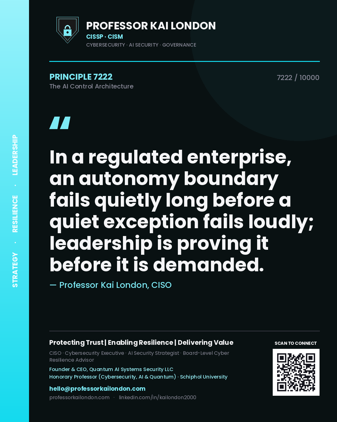 Professor Kai London principle 7222: In a regulated enterprise, an autonomy boundary fails quietly long before a quiet exception fails loudly; leadership is proving it before it is demanded.