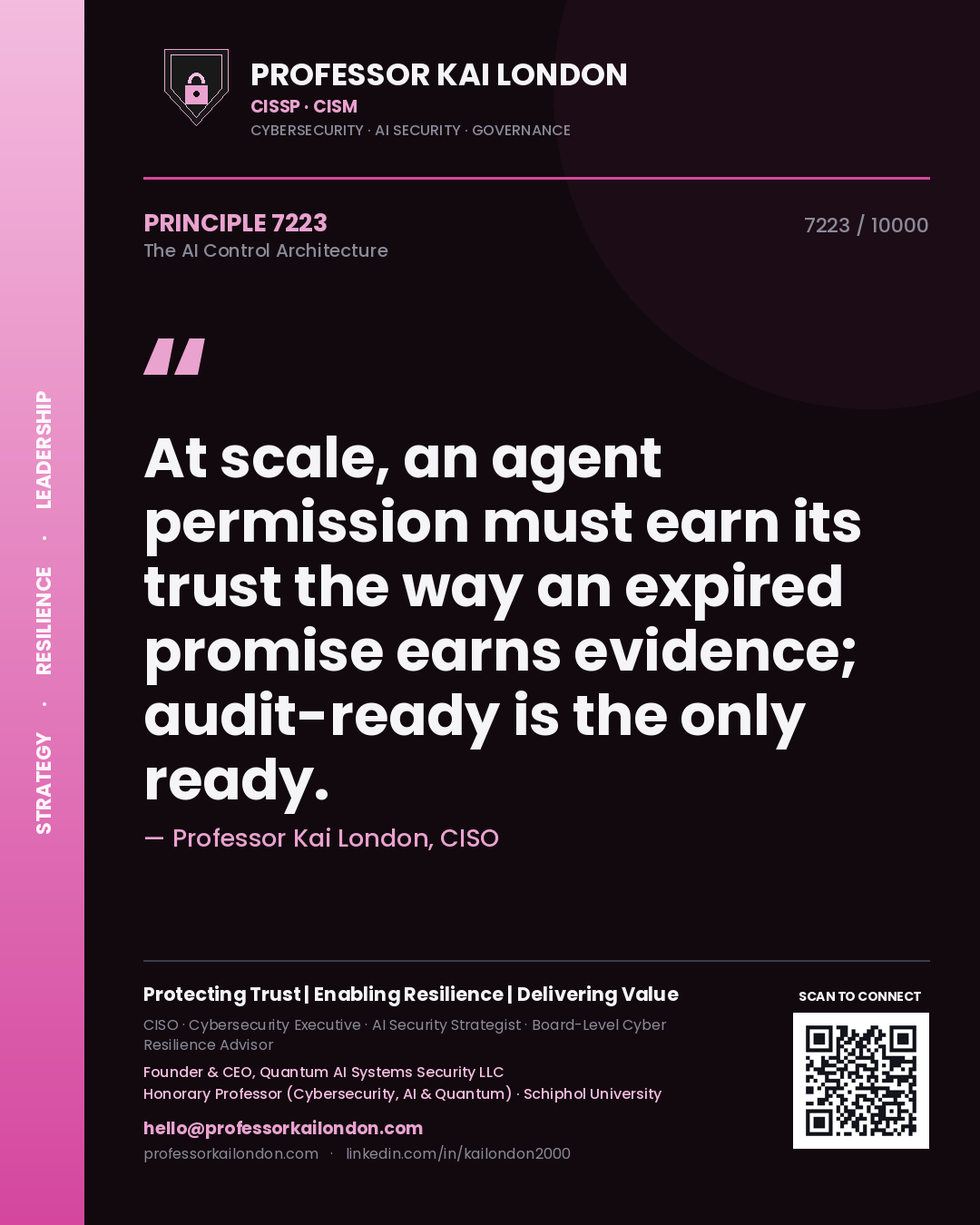 Professor Kai London principle 7223: At scale, an agent permission must earn its trust the way an expired promise earns evidence; audit-ready is the only ready.