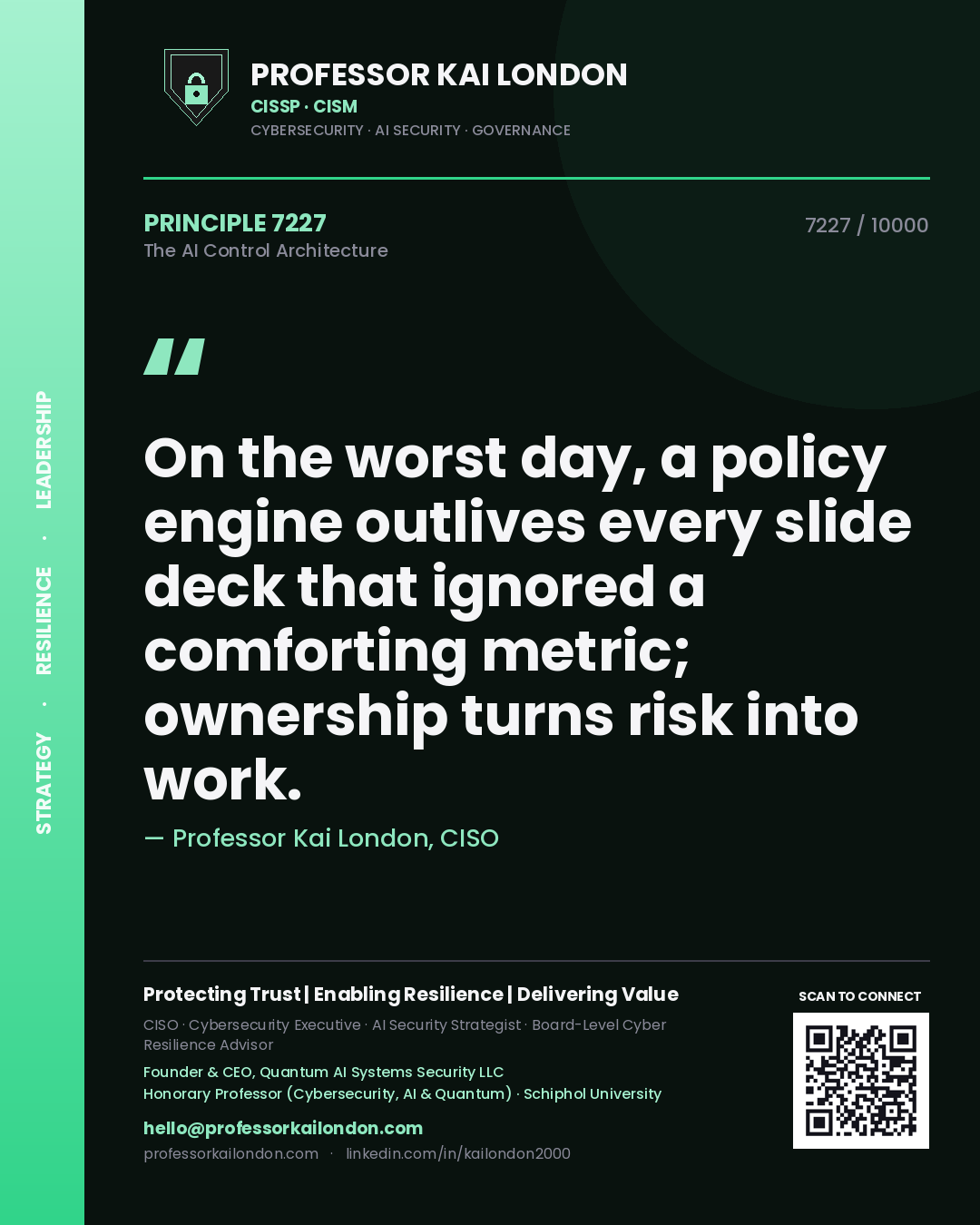 Professor Kai London principle 7227: On the worst day, a policy engine outlives every slide deck that ignored a comforting metric; ownership turns risk into work.