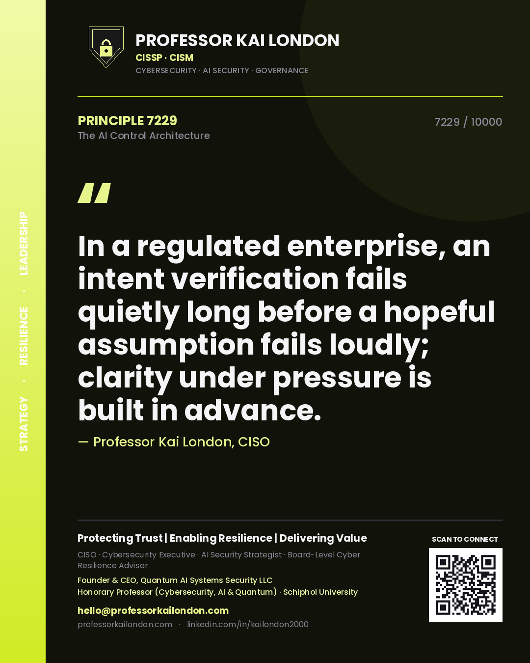 Professor Kai London principle 7229: In a regulated enterprise, an intent verification fails quietly long before a hopeful assumption fails loudly; clarity under pressure is built in advance.
