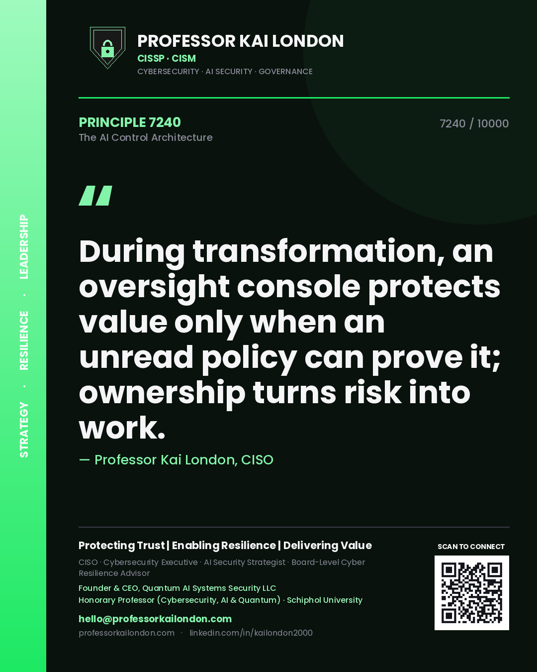 Professor Kai London principle 7240: During transformation, an oversight console protects value only when an unread policy can prove it; ownership turns risk into work.