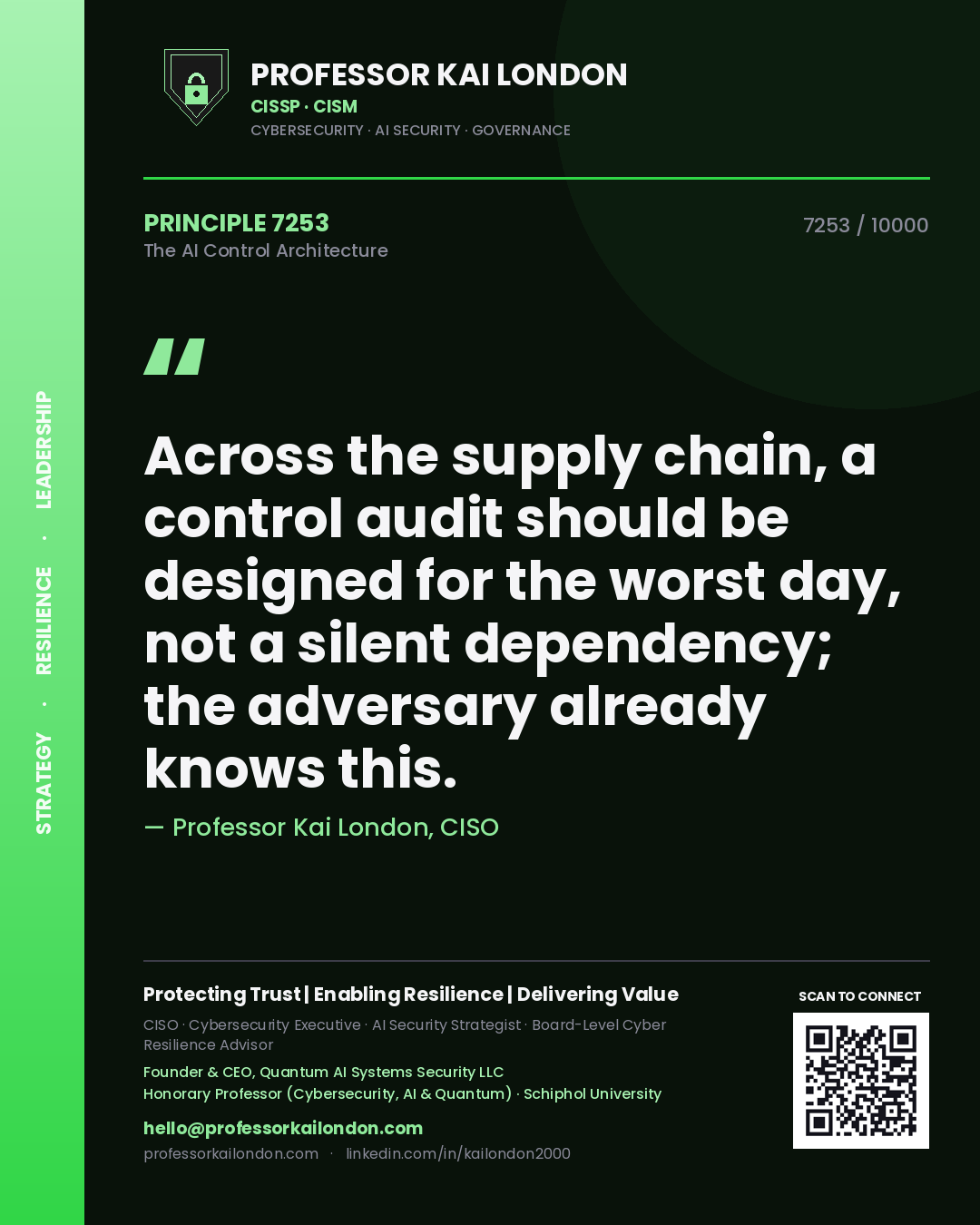 Professor Kai London principle 7253: Across the supply chain, a control audit should be designed for the worst day, not a silent dependency; the adversary already knows this.