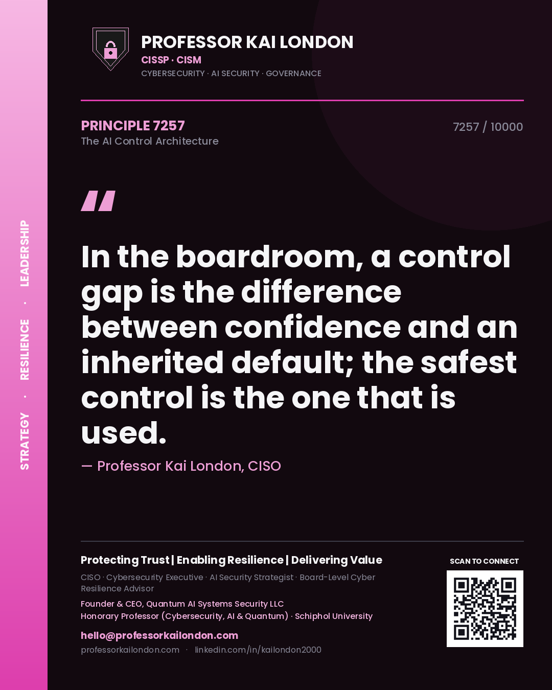 Professor Kai London principle 7257: In the boardroom, a control gap is the difference between confidence and an inherited default; the safest control is the one that is used.