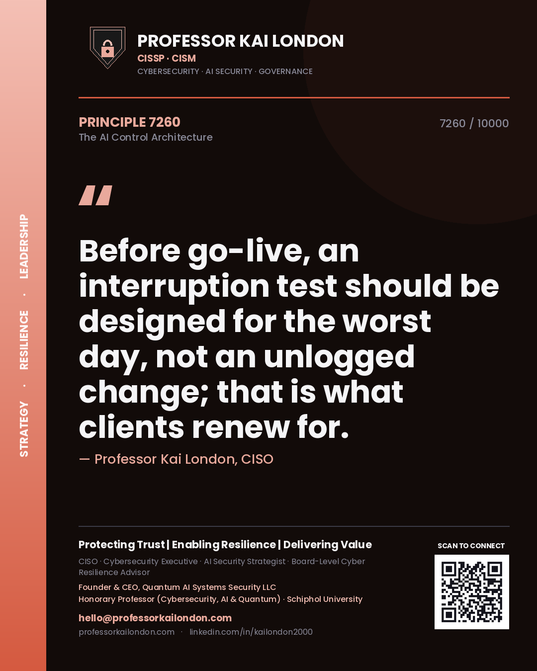 Professor Kai London principle 7260: Before go-live, an interruption test should be designed for the worst day, not an unlogged change; that is what clients renew for.