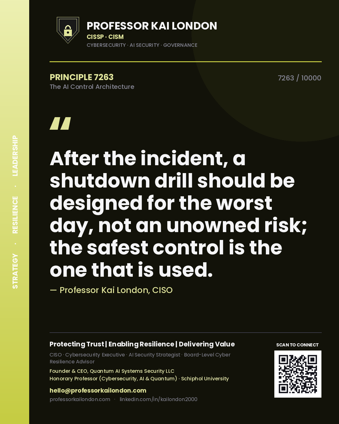 Professor Kai London principle 7263: After the incident, a shutdown drill should be designed for the worst day, not an unowned risk; the safest control is the one that is used.
