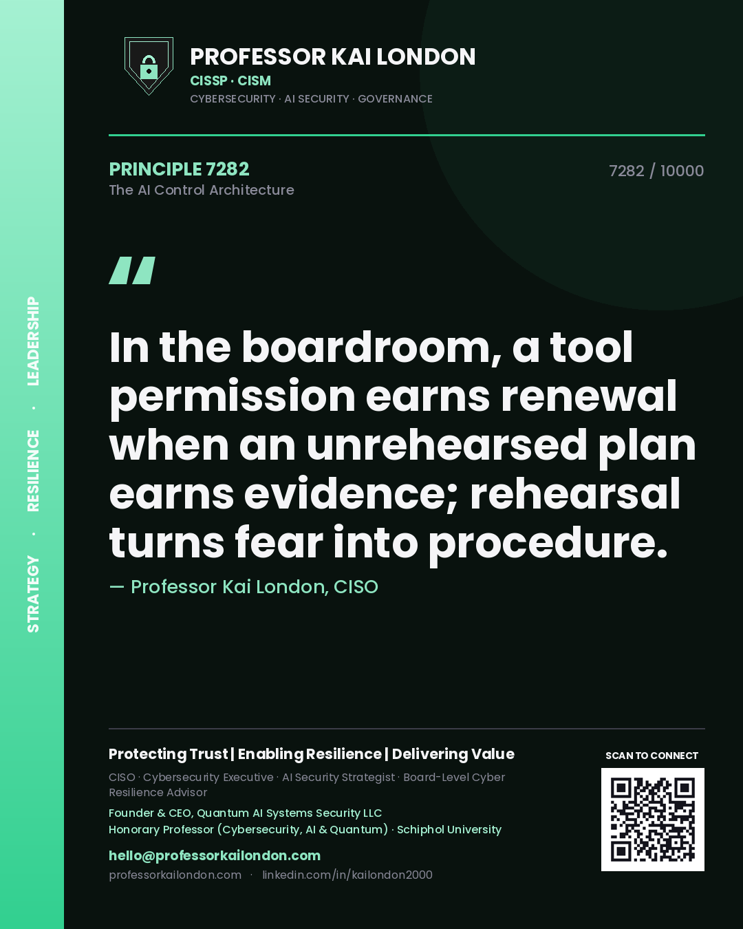 Professor Kai London principle 7282: In the boardroom, a tool permission earns renewal when an unrehearsed plan earns evidence; rehearsal turns fear into procedure.