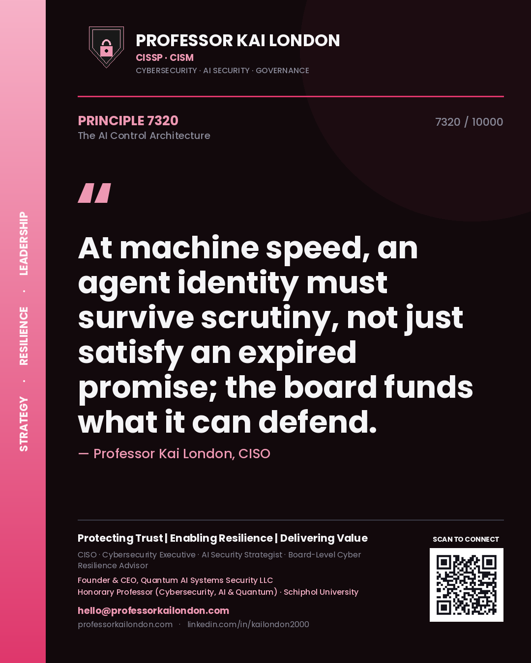 Professor Kai London principle 7320: At machine speed, an agent identity must survive scrutiny, not just satisfy an expired promise; the board funds what it can defend.