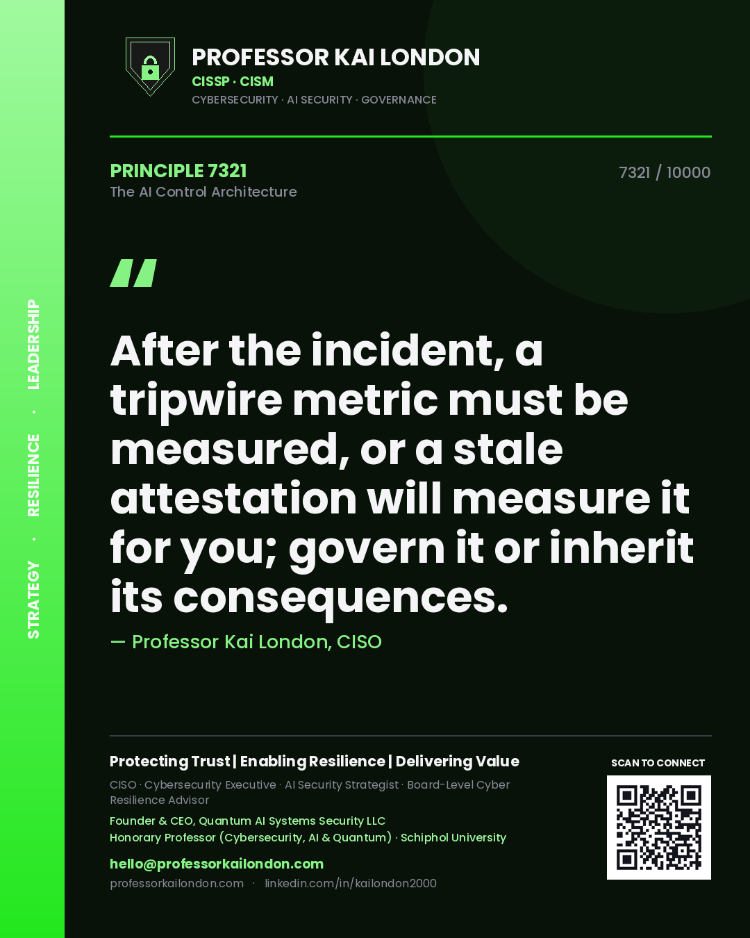 Professor Kai London principle 7321: After the incident, a tripwire metric must be measured, or a stale attestation will measure it for you; govern it or inherit its consequences.