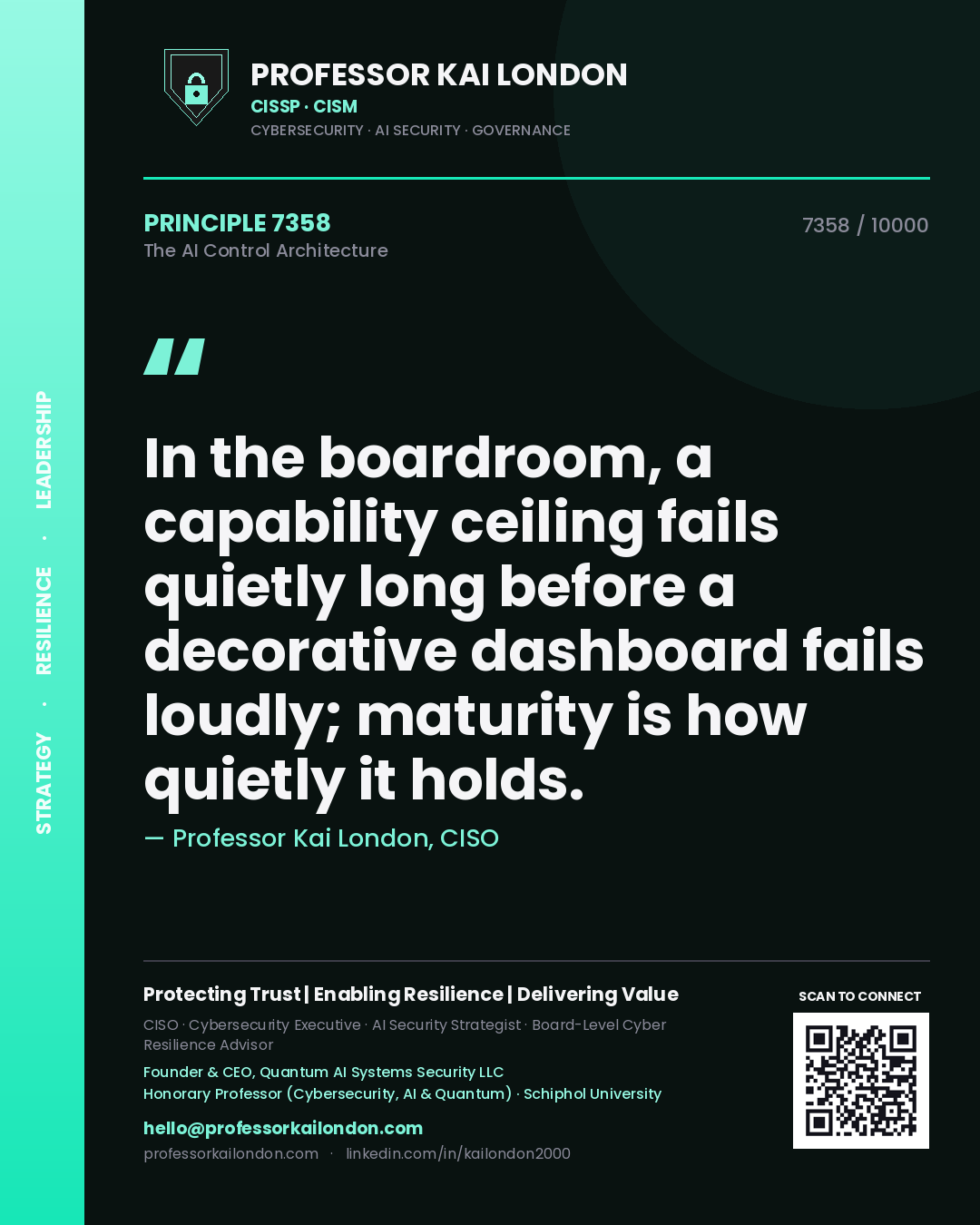 Professor Kai London principle 7358: In the boardroom, a capability ceiling fails quietly long before a decorative dashboard fails loudly; maturity is how quietly it holds.