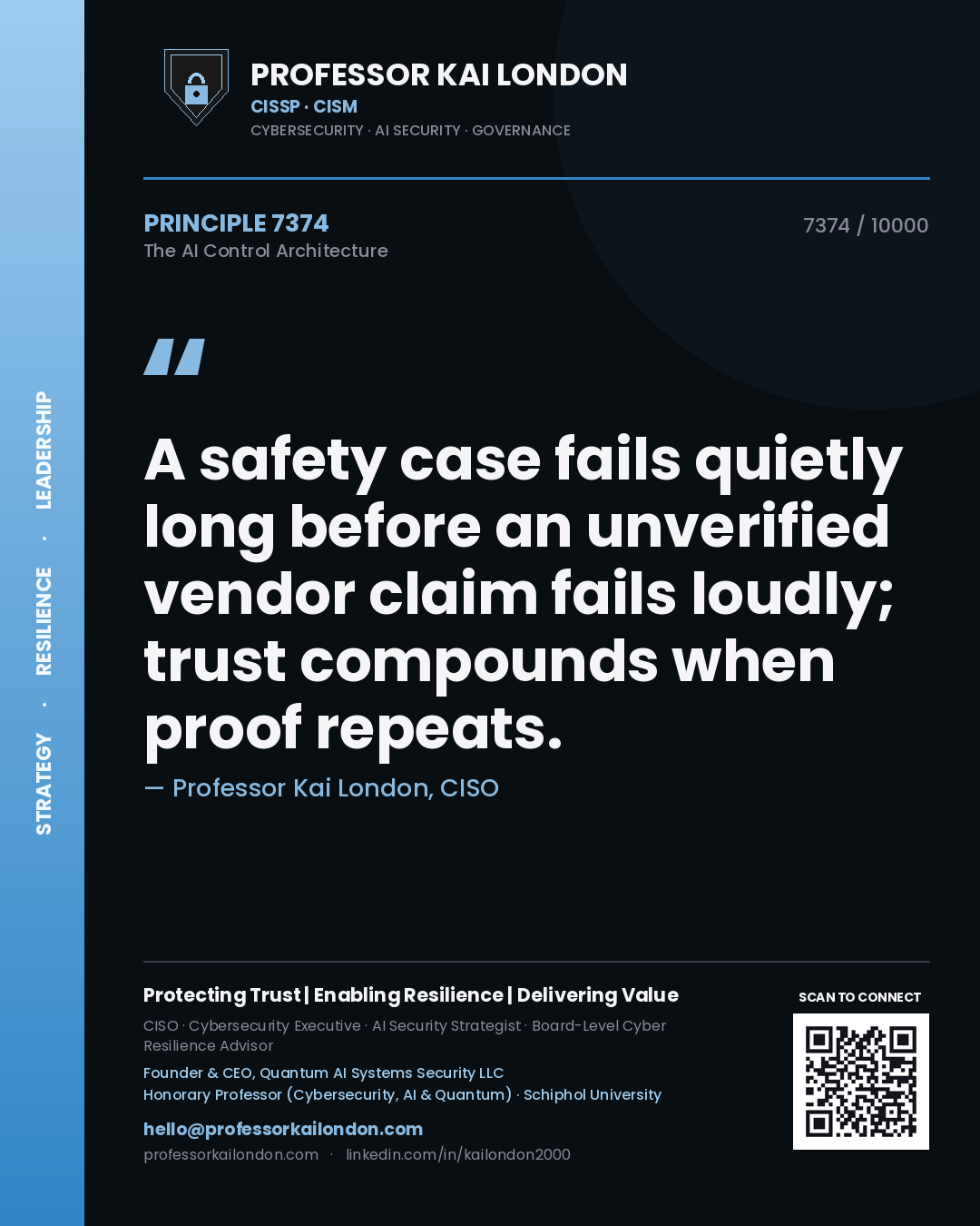 Professor Kai London principle 7374: A safety case fails quietly long before an unverified vendor claim fails loudly; trust compounds when proof repeats.