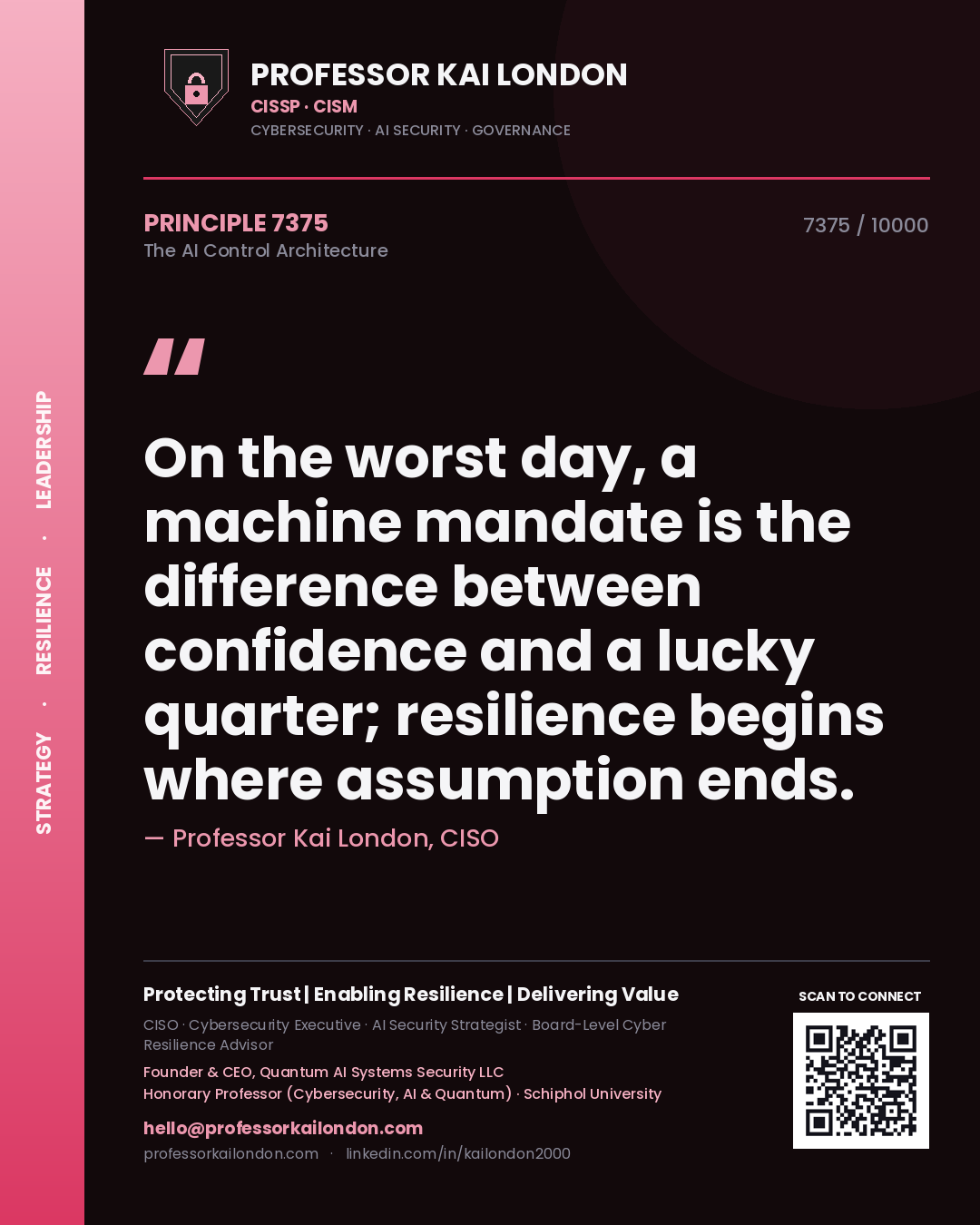 Professor Kai London principle 7375: On the worst day, a machine mandate is the difference between confidence and a lucky quarter; resilience begins where assumption ends.