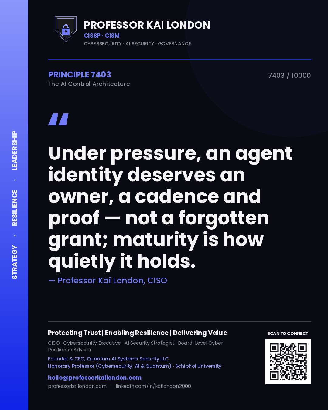 Professor Kai London principle 7403: Under pressure, an agent identity deserves an owner, a cadence and proof — not a forgotten grant; maturity is how quietly it holds.