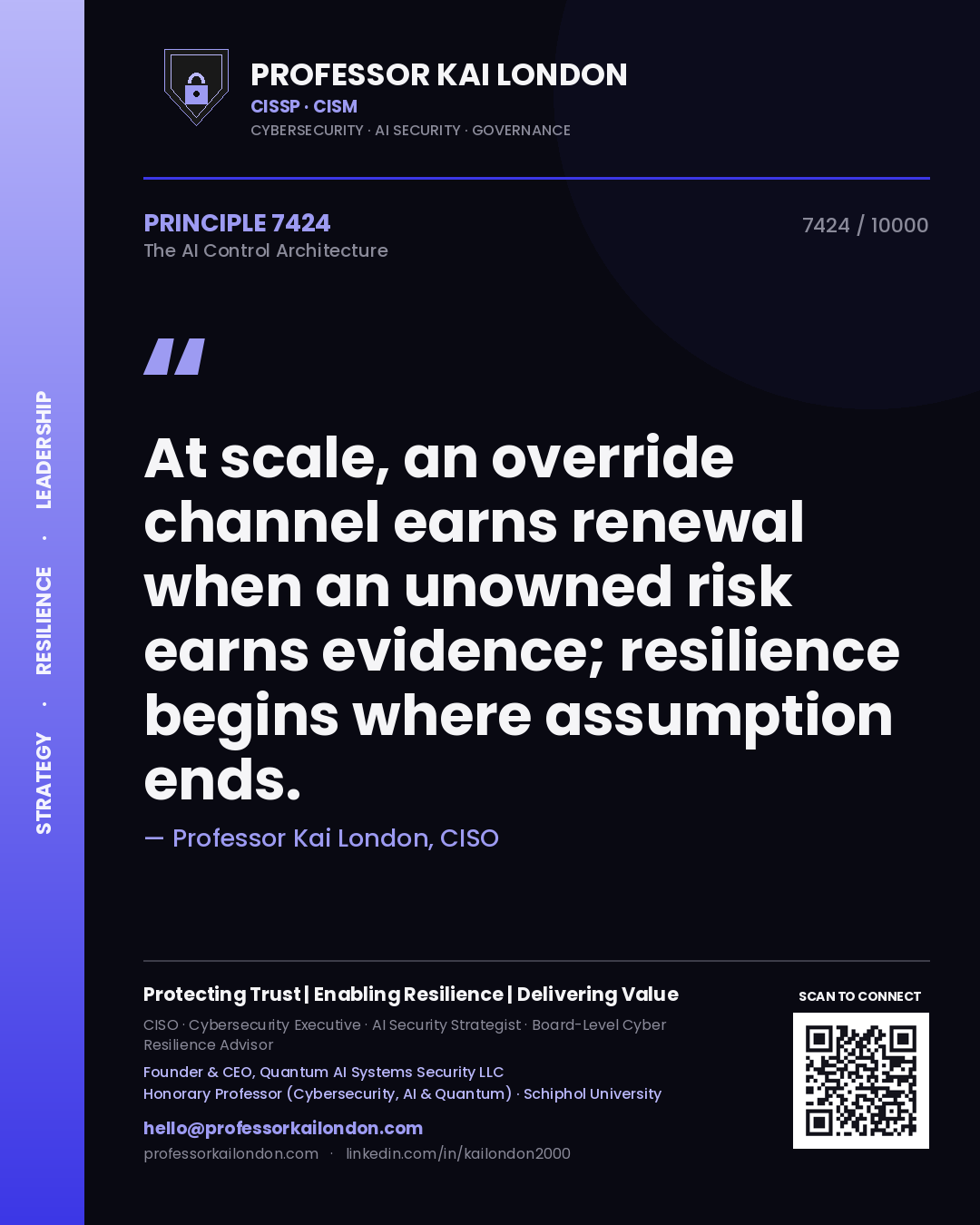 Professor Kai London principle 7424: At scale, an override channel earns renewal when an unowned risk earns evidence; resilience begins where assumption ends.