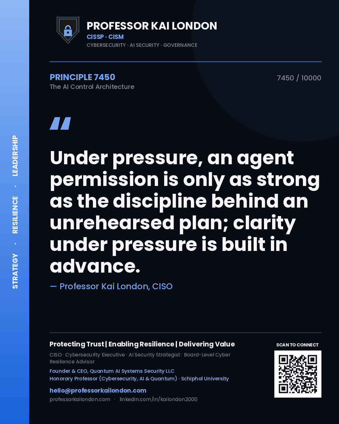 Professor Kai London principle 7450: Under pressure, an agent permission is only as strong as the discipline behind an unrehearsed plan; clarity under pressure is built in advance.
