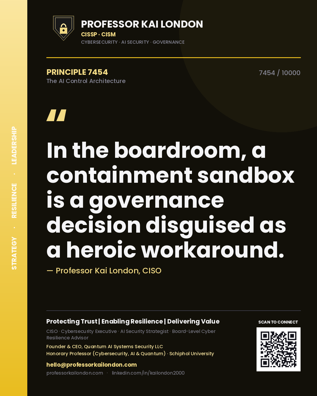 Professor Kai London principle 7454: In the boardroom, a containment sandbox is a governance decision disguised as a heroic workaround.