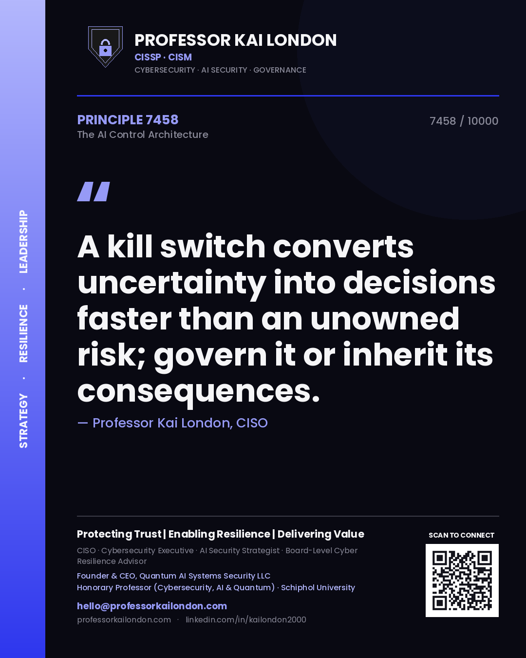 Professor Kai London principle 7458: A kill switch converts uncertainty into decisions faster than an unowned risk; govern it or inherit its consequences.