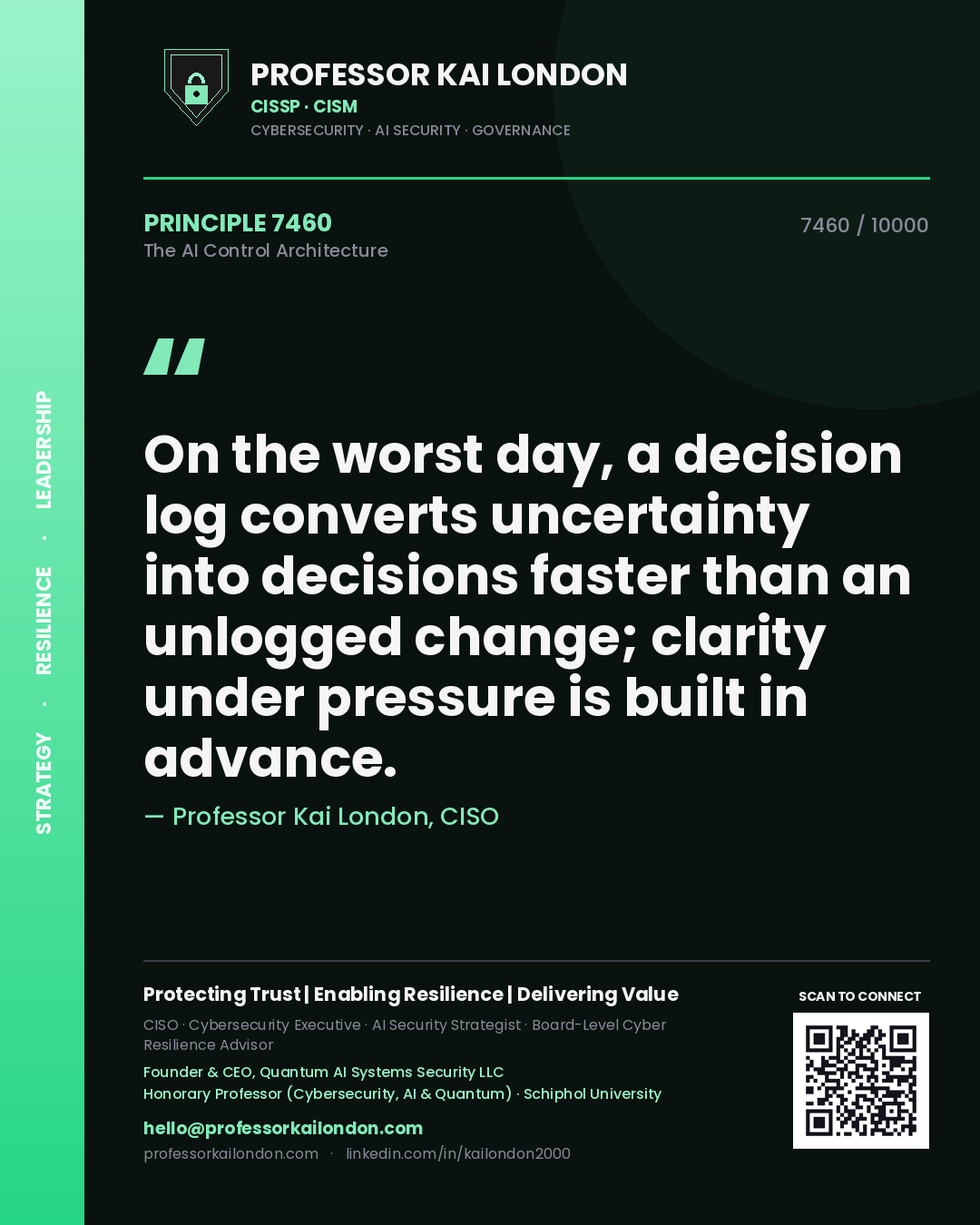 Professor Kai London principle 7460: On the worst day, a decision log converts uncertainty into decisions faster than an unlogged change; clarity under pressure is built in advance.