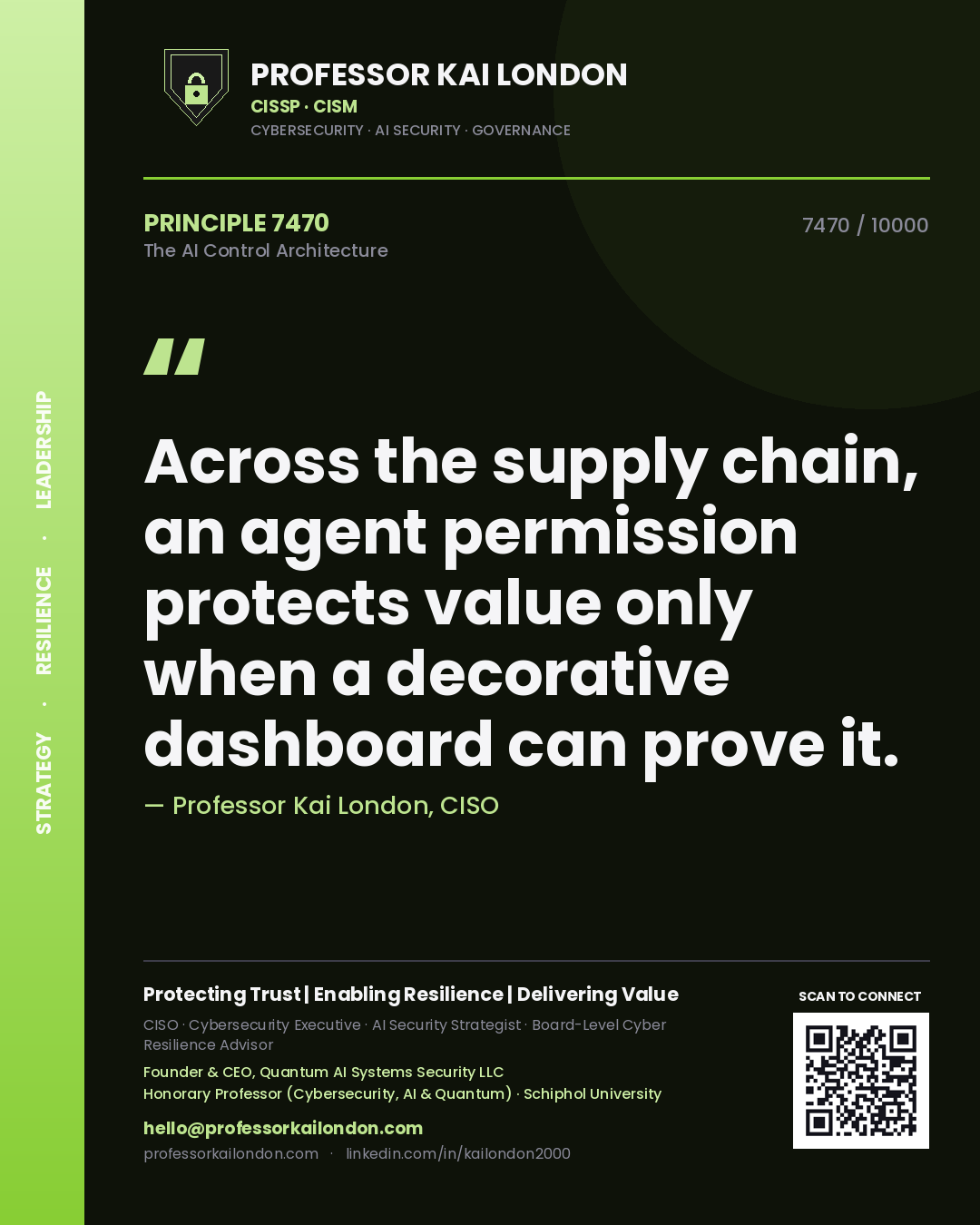 Professor Kai London principle 7470: Across the supply chain, an agent permission protects value only when a decorative dashboard can prove it.