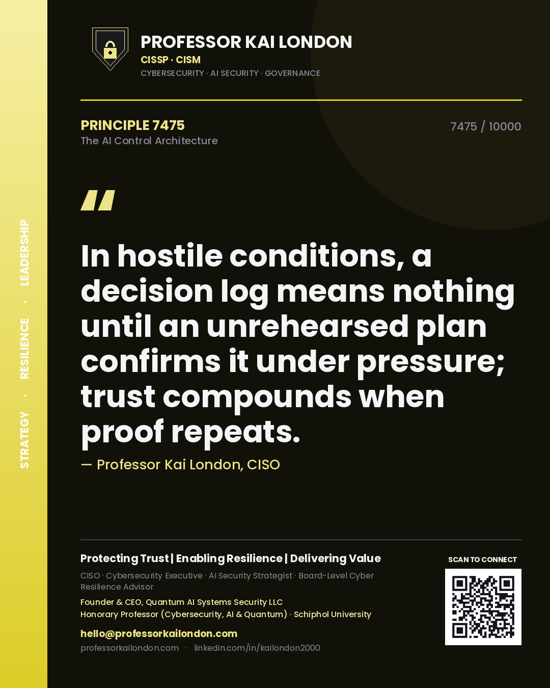 Professor Kai London principle 7475: In hostile conditions, a decision log means nothing until an unrehearsed plan confirms it under pressure; trust compounds when proof repeats.