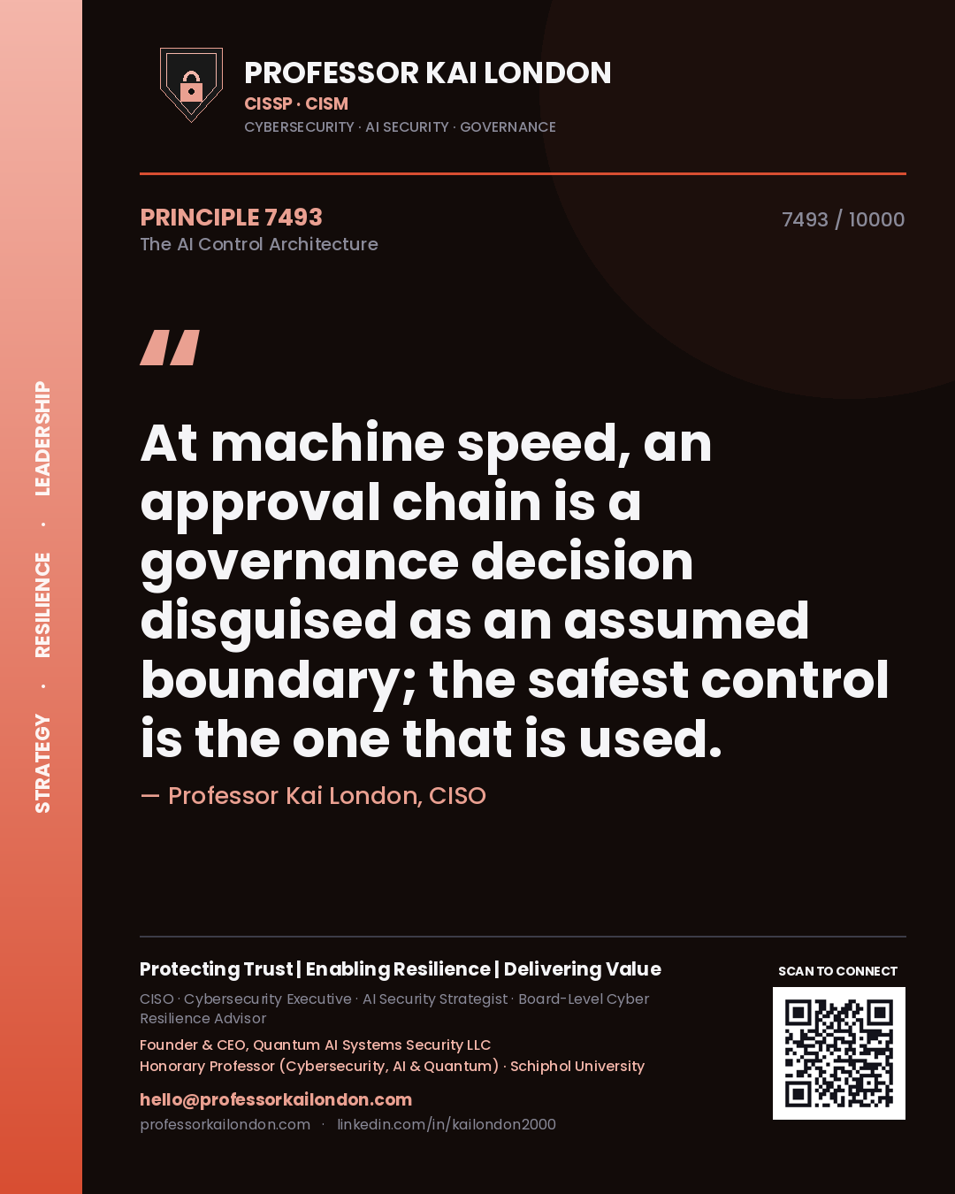 Professor Kai London principle 7493: At machine speed, an approval chain is a governance decision disguised as an assumed boundary; the safest control is the one that is used.